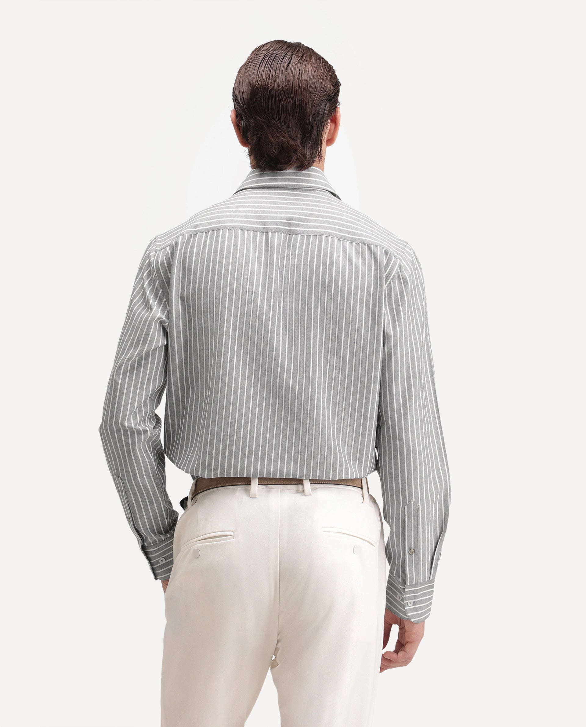 Rare Rabbit Men's Orven Primary Grey Cotton Blend Spread Collar Button Regular Striped Shirt