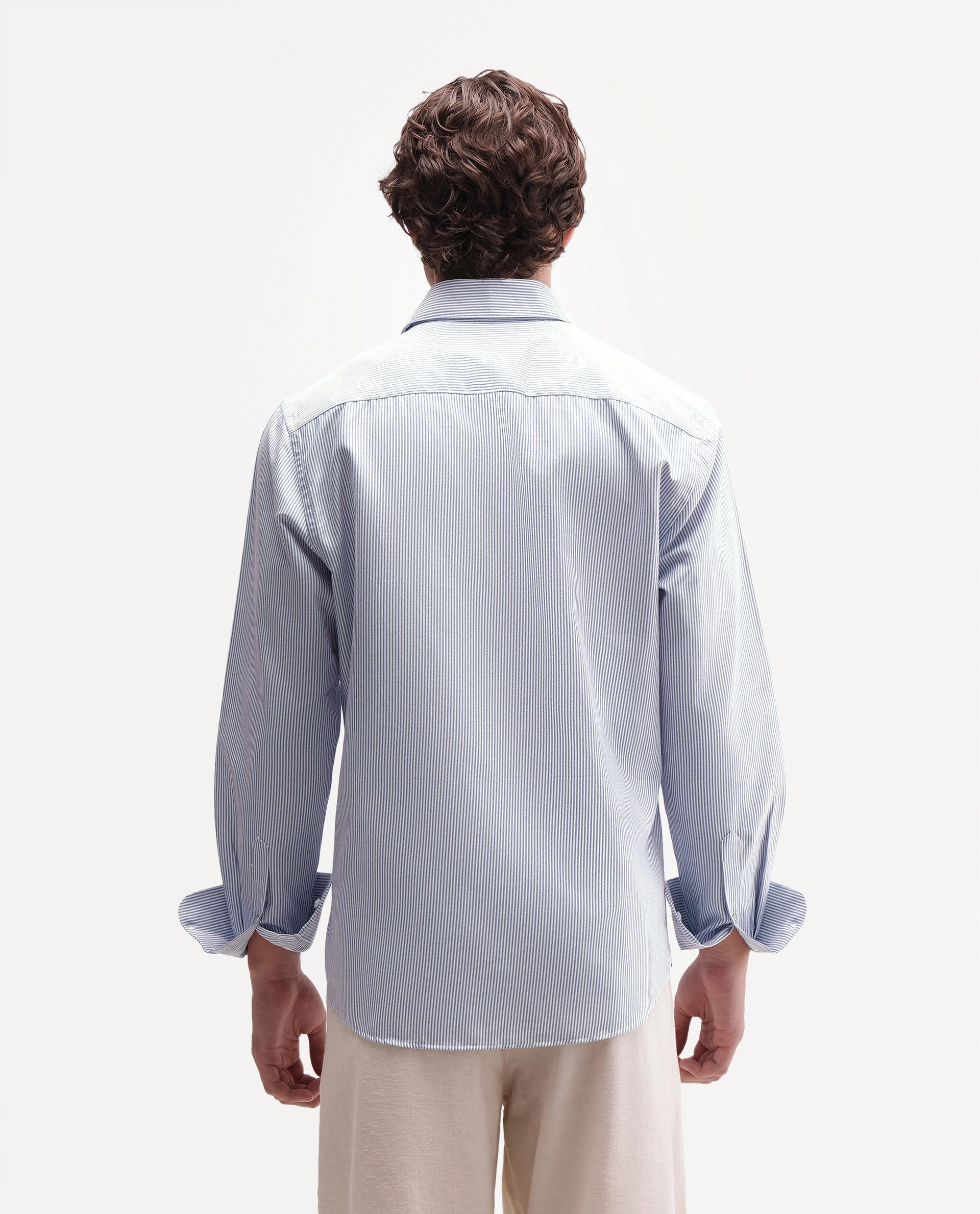 Rare Rabbit Men's Axiro Primary Blue Cotton Blend Spread Collar Button Regular Striped Shirt