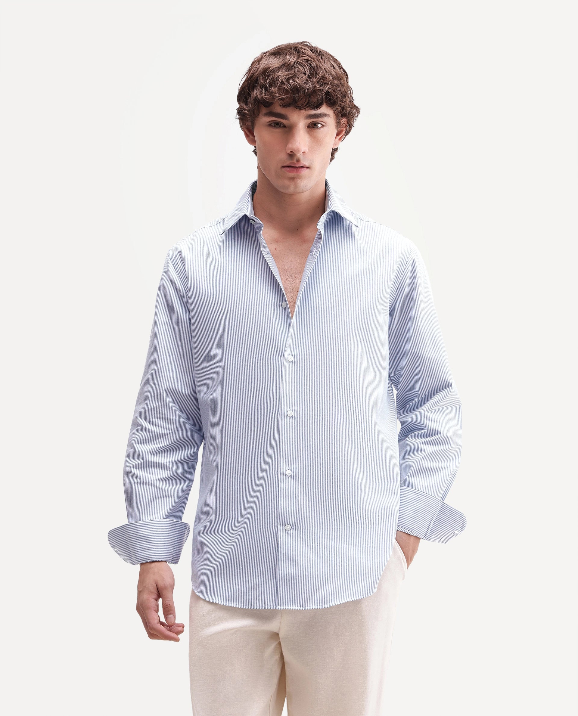 Rare Rabbit Men's Axiro Primary Blue Cotton Blend Spread Collar Button Regular Striped Shirt