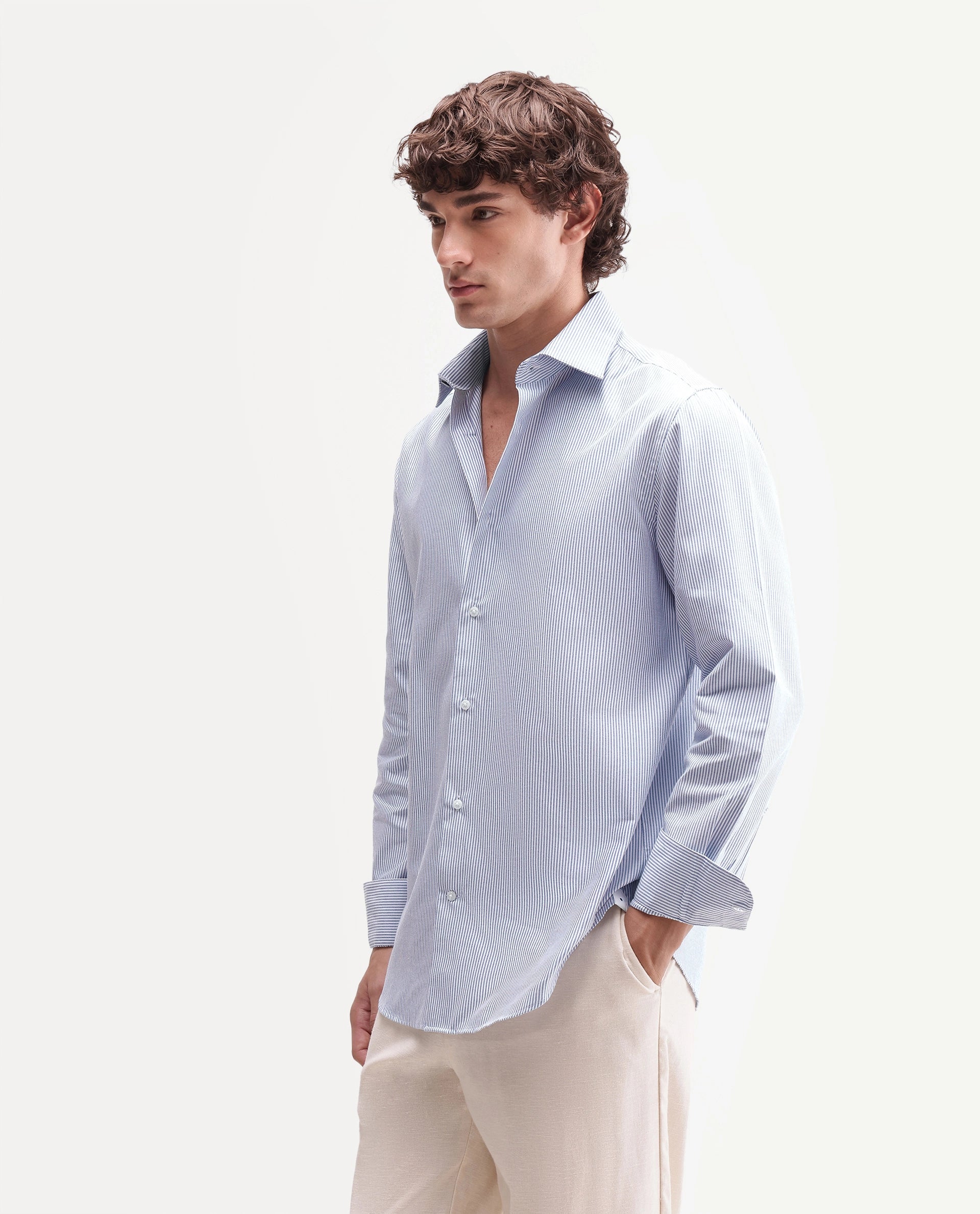 Rare Rabbit Men's Axiro Primary Blue Cotton Blend Spread Collar Button Regular Striped Shirt