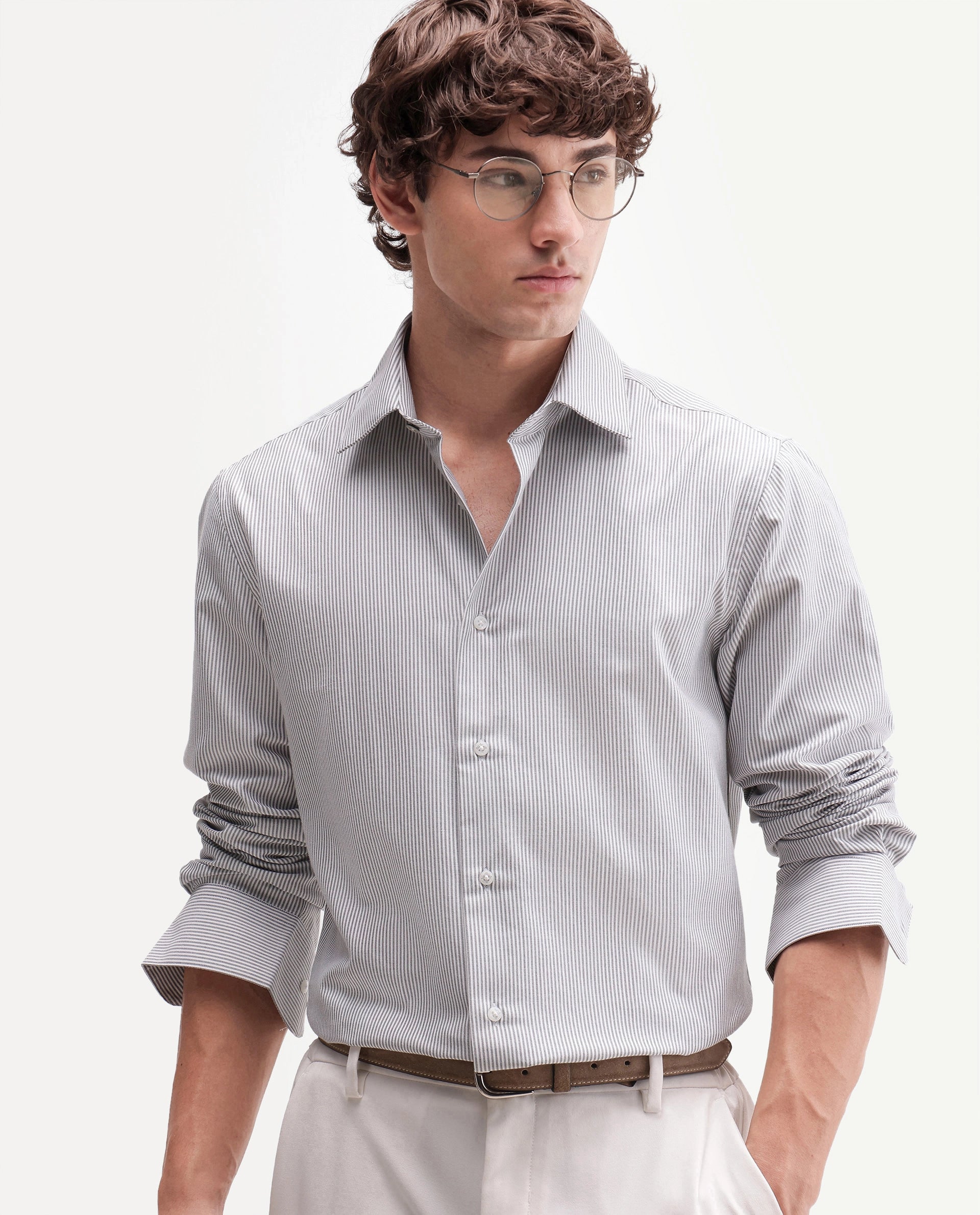 Rare Rabbit Men's Axiro Primary Grey Cotton Blend Spread Collar Button Regular Striped Shirt