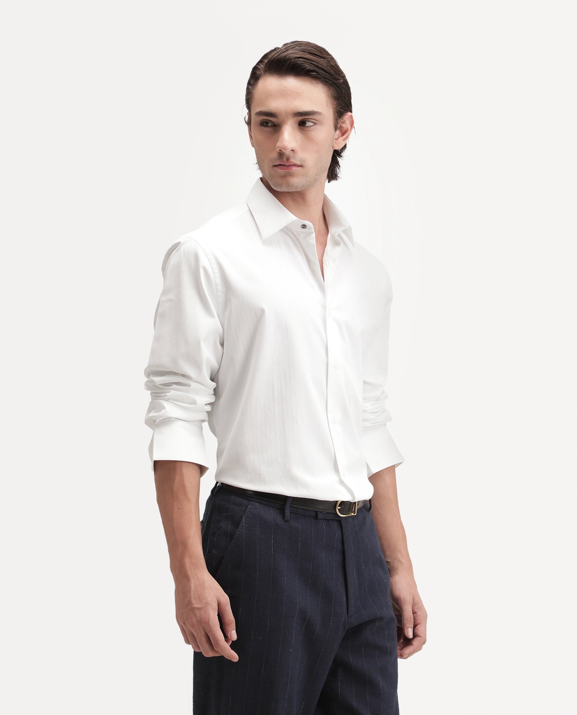Rare Rabbit Men's Alvor Primary White Polyester Blend Spread Collar Button Regular Plain Shirt