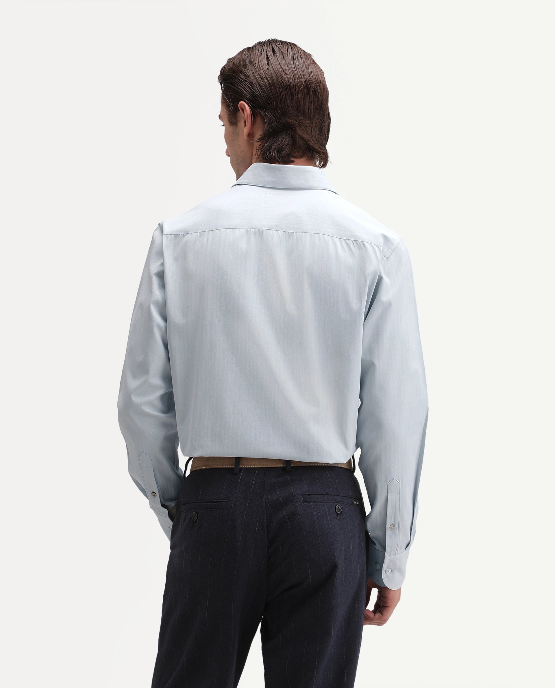Rare Rabbit Men's Alvor Dusky Blue Polyester Blend Spread Collar Button Regular Plain Shirt