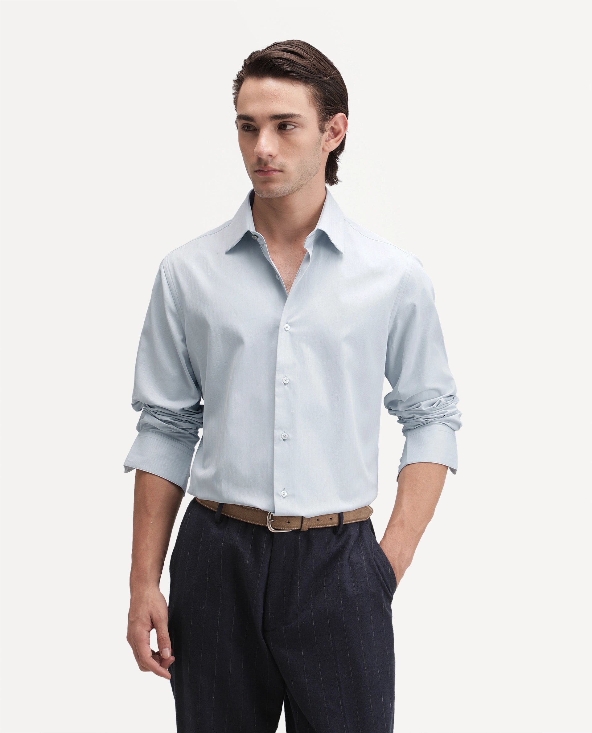 Rare Rabbit Men's Alvor Dusky Blue Polyester Blend Spread Collar Button Regular Plain Shirt