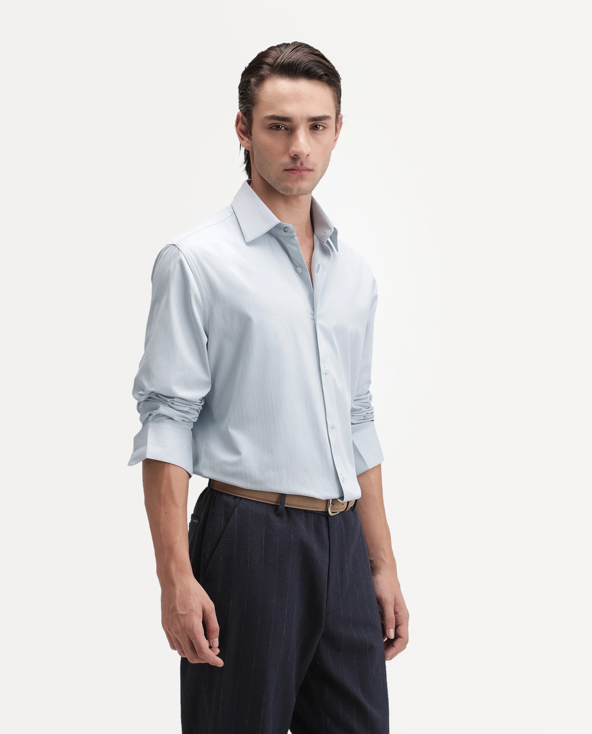 Rare Rabbit Men's Alvor Dusky Blue Polyester Blend Spread Collar Button Regular Plain Shirt