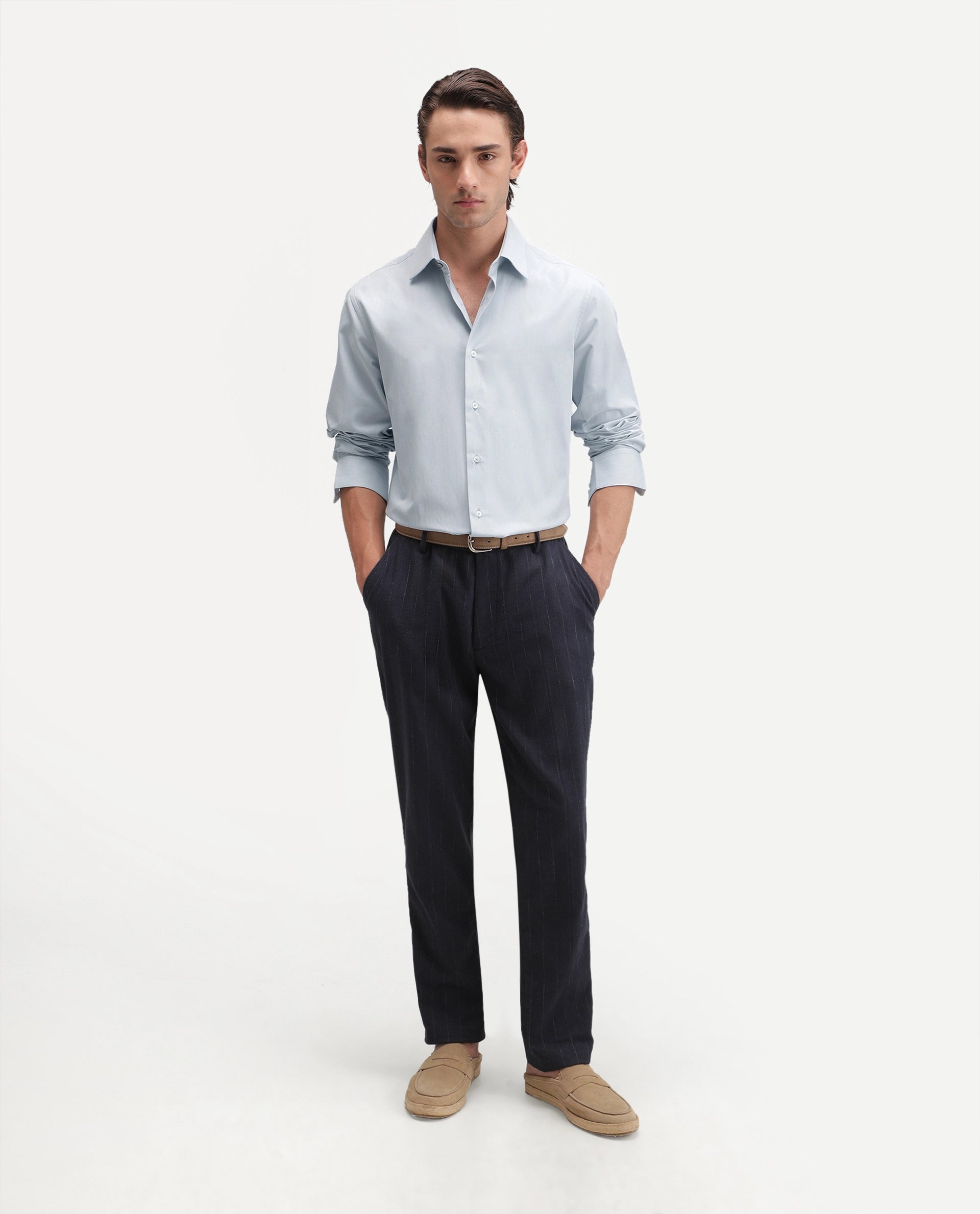 Rare Rabbit Men's Alvor Dusky Blue Polyester Blend Spread Collar Button Regular Plain Shirt