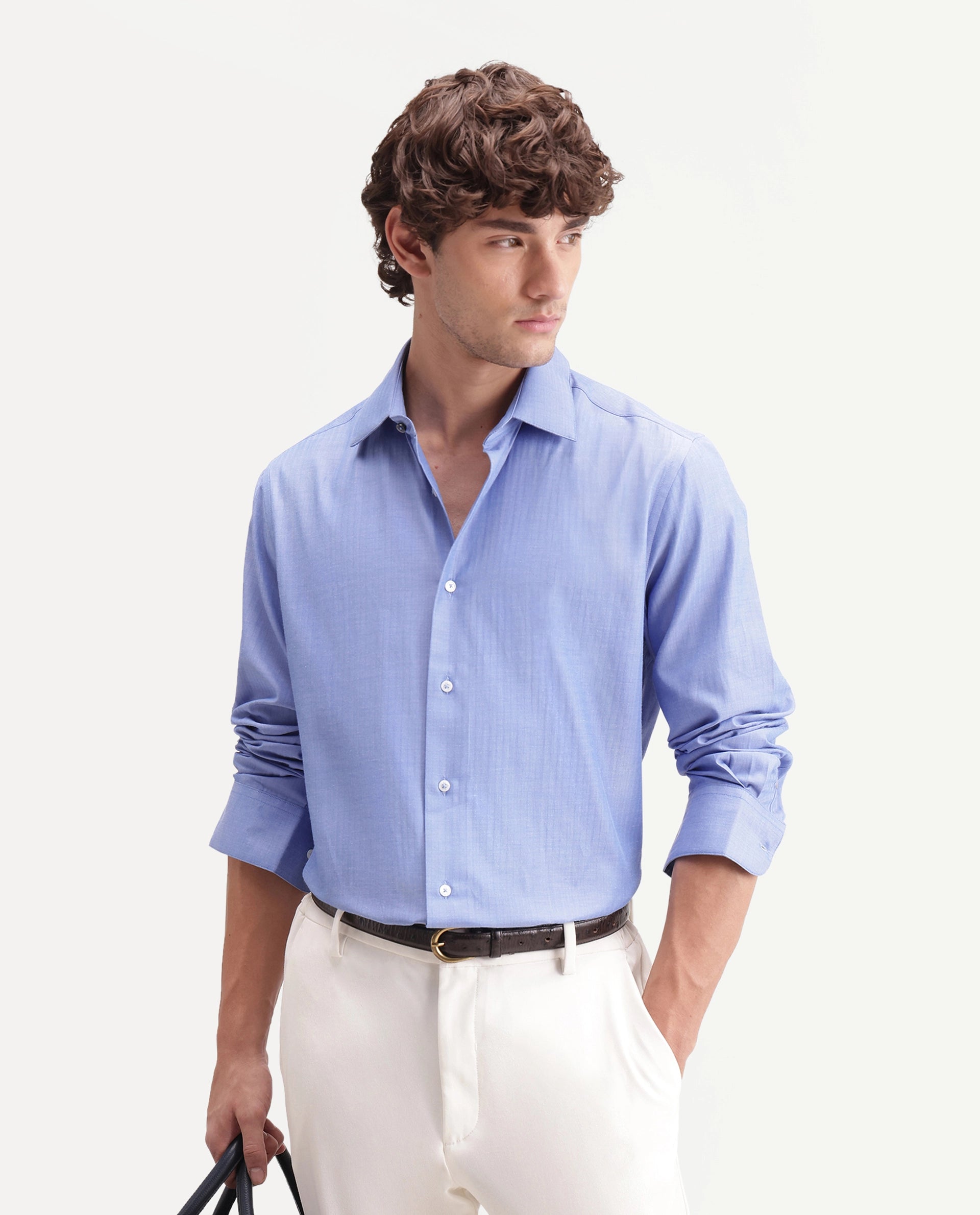 Rare Rabbit Men's Alvor Primary Blue Polyester Blend Spread Collar Button Regular Plain Shirt