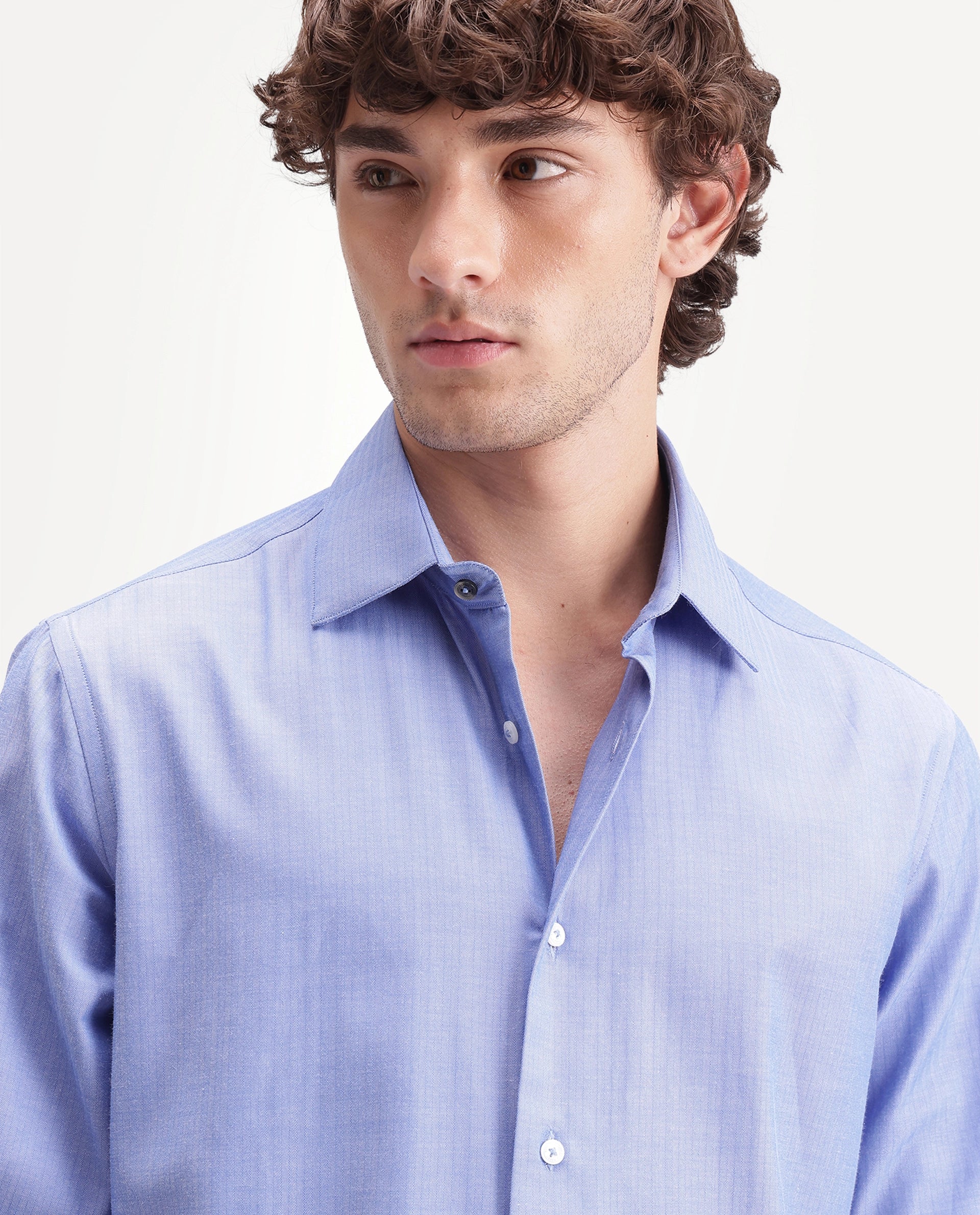 Rare Rabbit Men's Alvor Primary Blue Polyester Blend Spread Collar Button Regular Plain Shirt