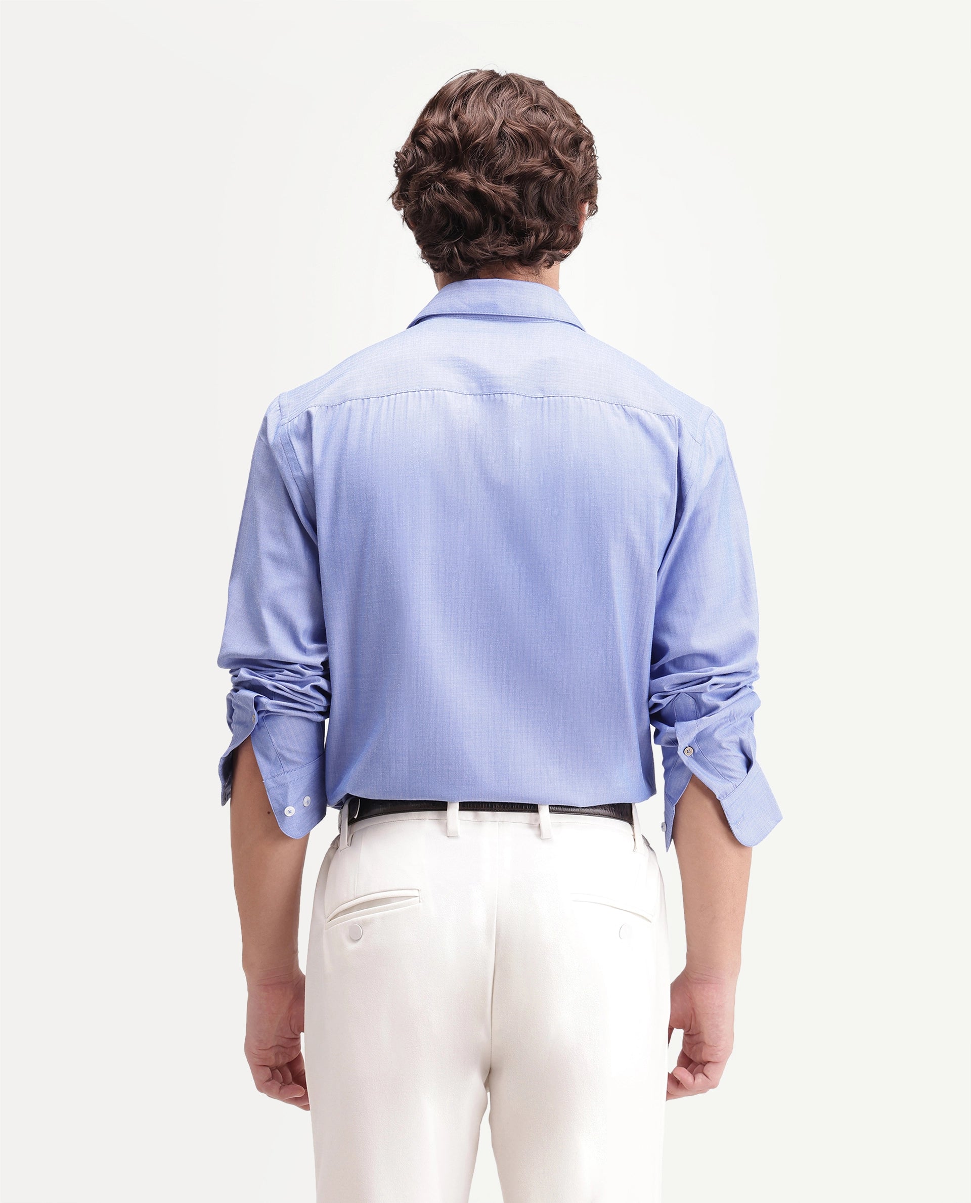 Rare Rabbit Men's Alvor Primary Blue Polyester Blend Spread Collar Button Regular Plain Shirt