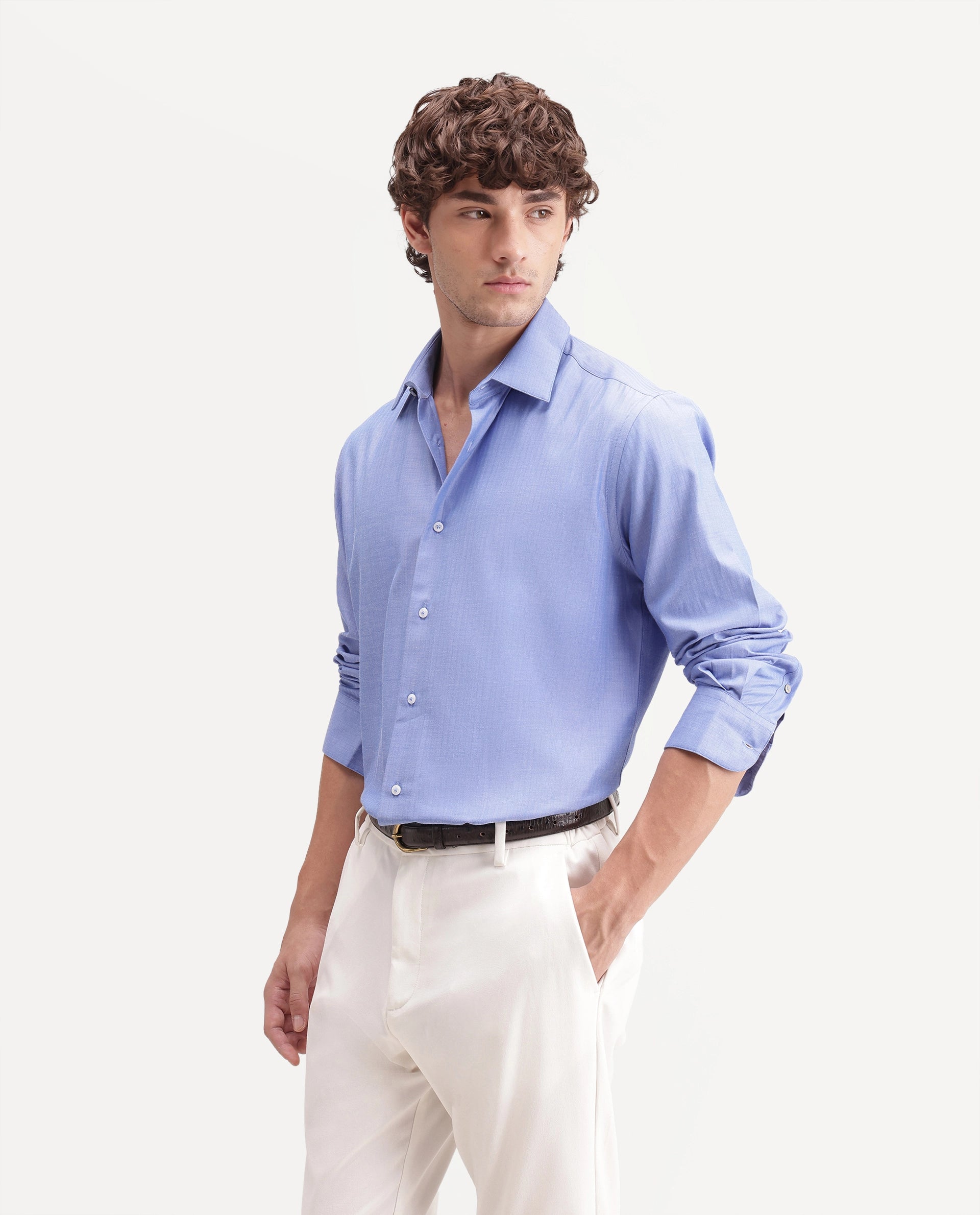 Rare Rabbit Men's Alvor Primary Blue Polyester Blend Spread Collar Button Regular Plain Shirt