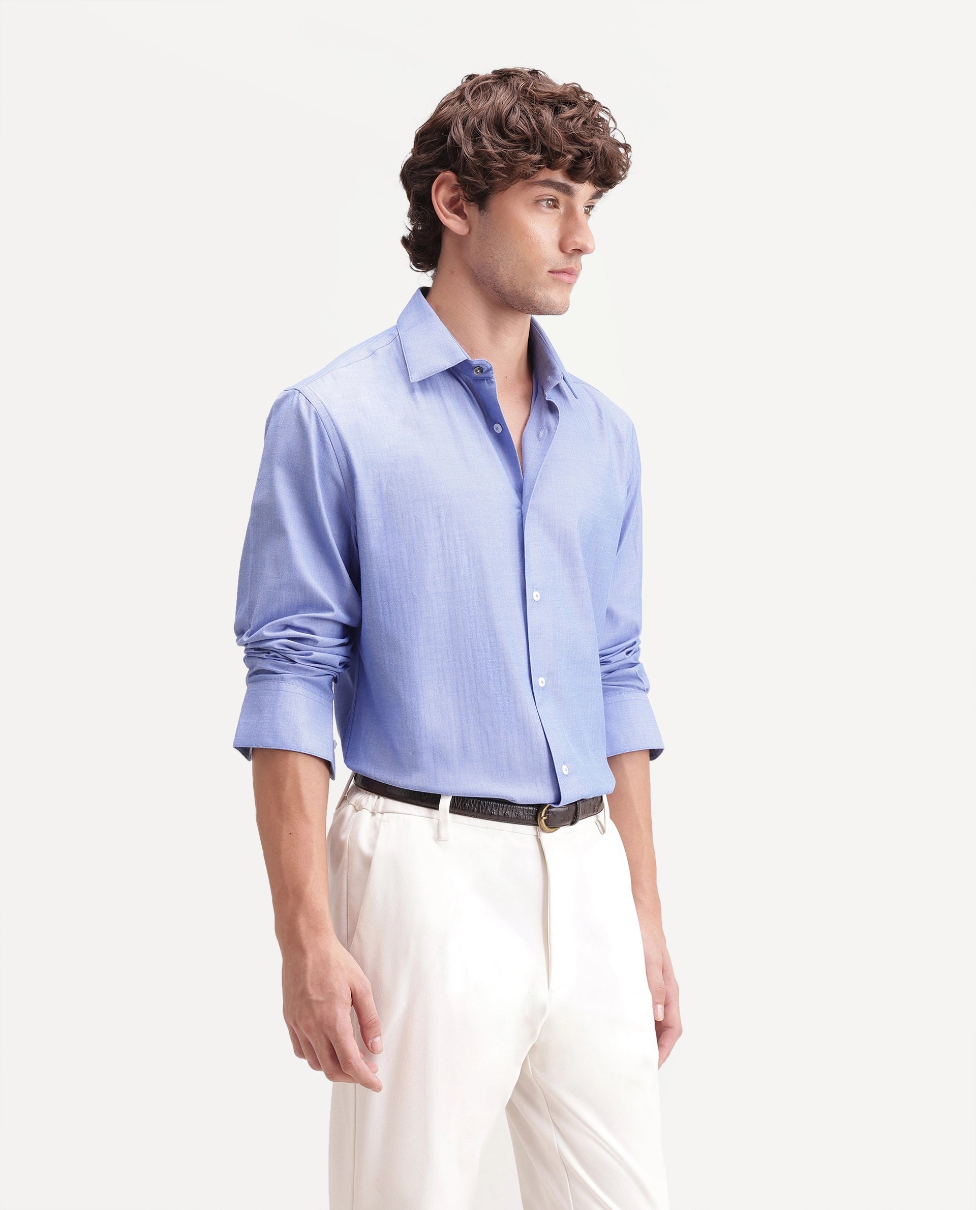 Rare Rabbit Men's Alvor Primary Blue Polyester Blend Spread Collar Button Regular Plain Shirt