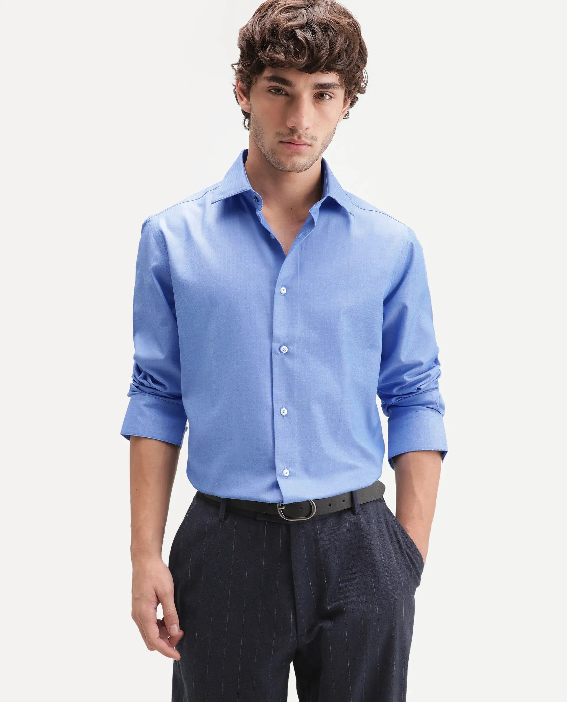 Rare Rabbit Men's Avn Primary Blue Polyester Blend Spread Collar Button Regular Plain Shirt
