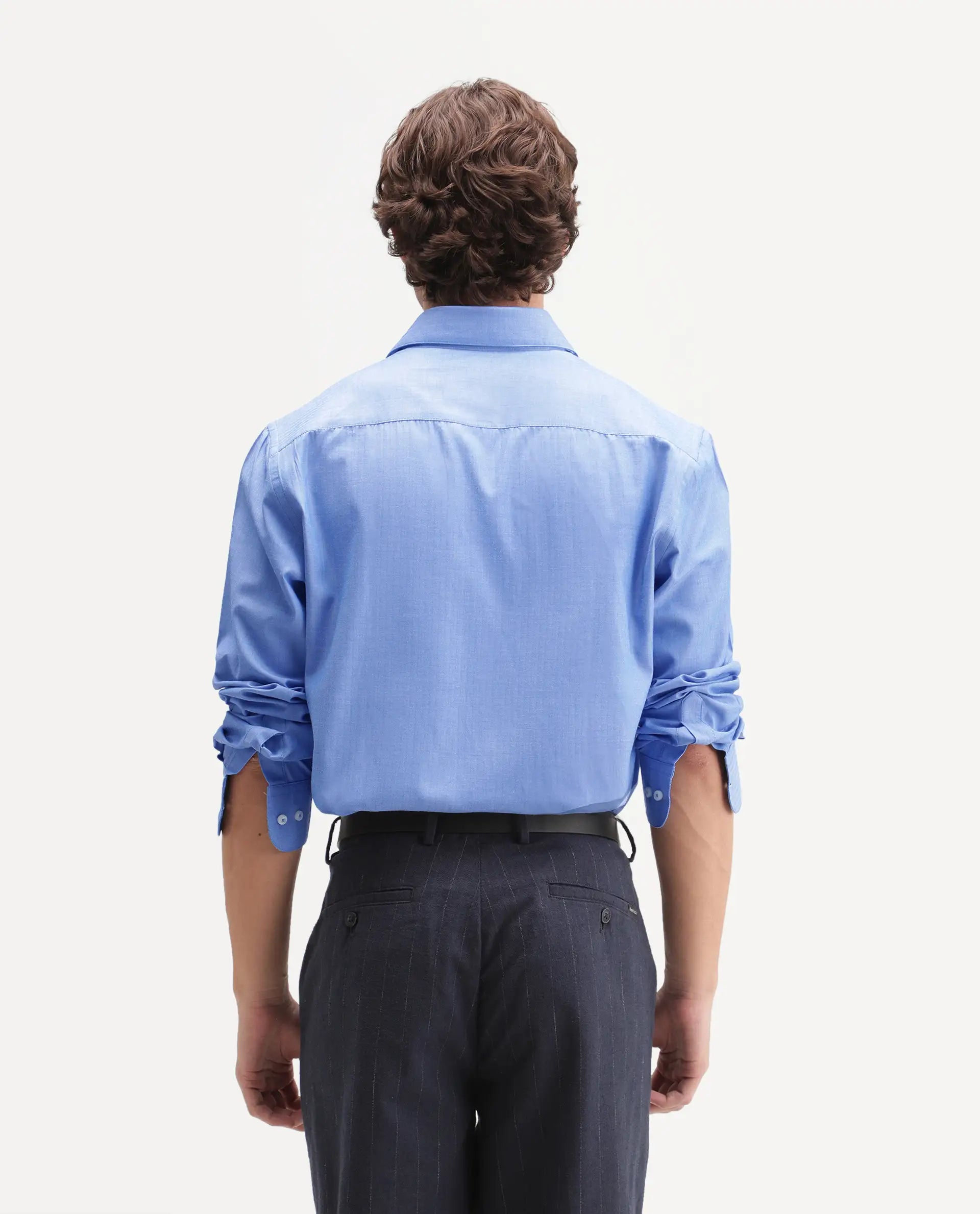 Rare Rabbit Men's Avn Primary Blue Polyester Blend Spread Collar Button Regular Plain Shirt
