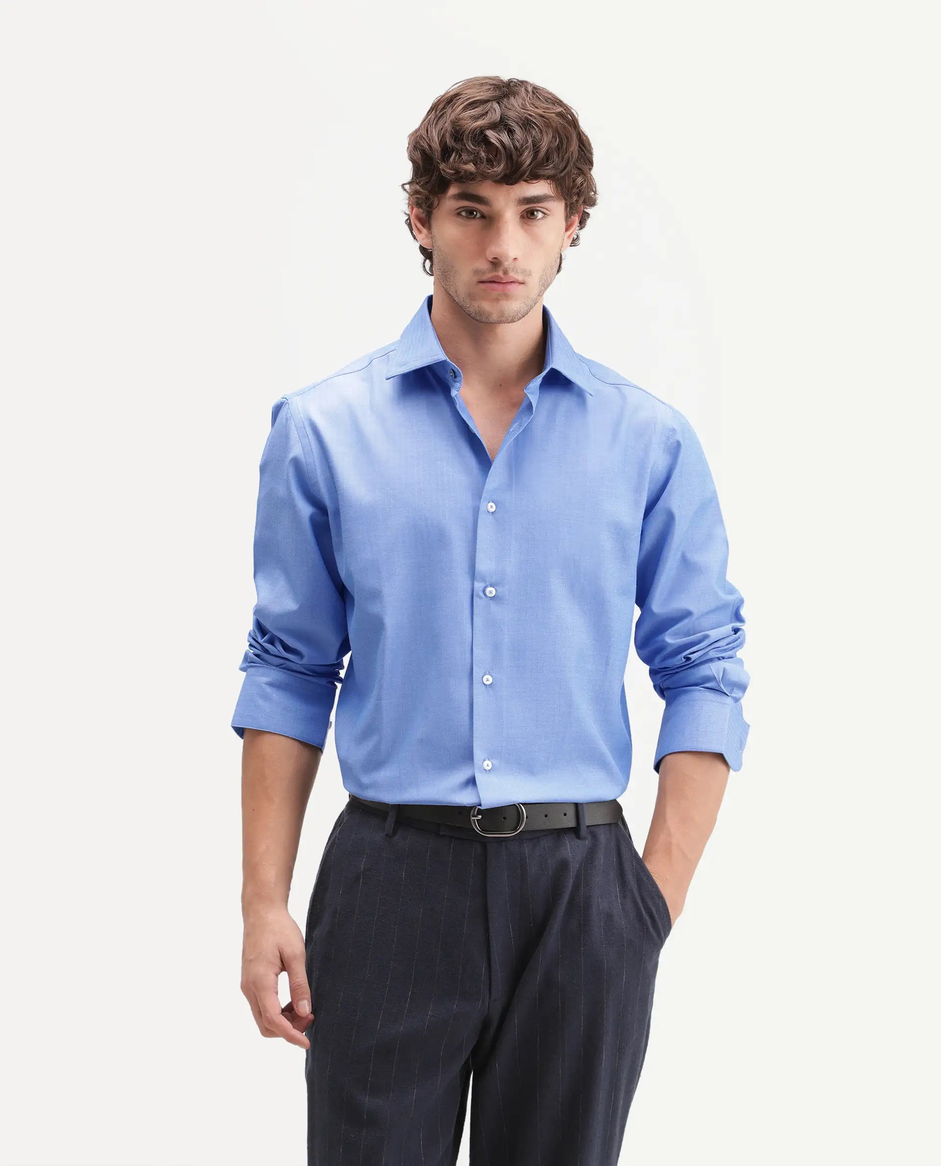 Rare Rabbit Men's Avn Primary Blue Polyester Blend Spread Collar Button Regular Plain Shirt