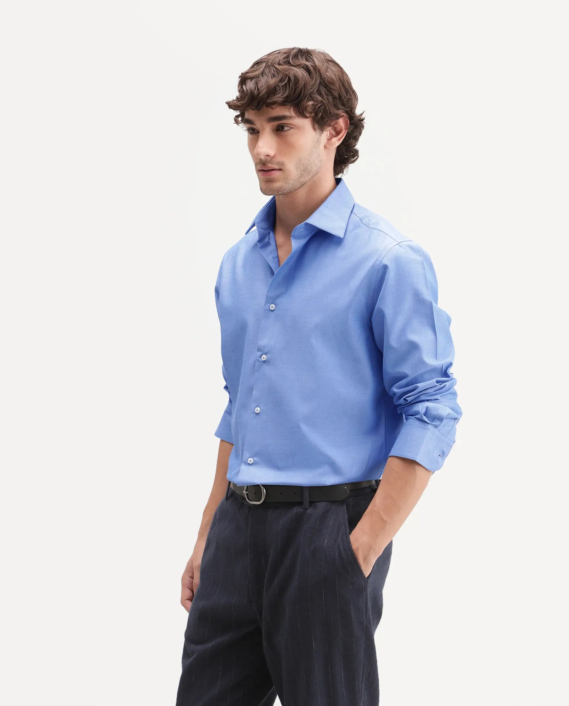 Rare Rabbit Men's Avn Primary Blue Polyester Blend Spread Collar Button Regular Plain Shirt