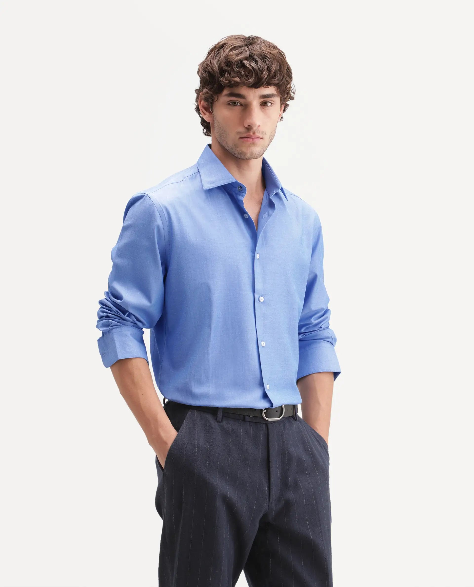 Rare Rabbit Men's Avn Primary Blue Polyester Blend Spread Collar Button Regular Plain Shirt
