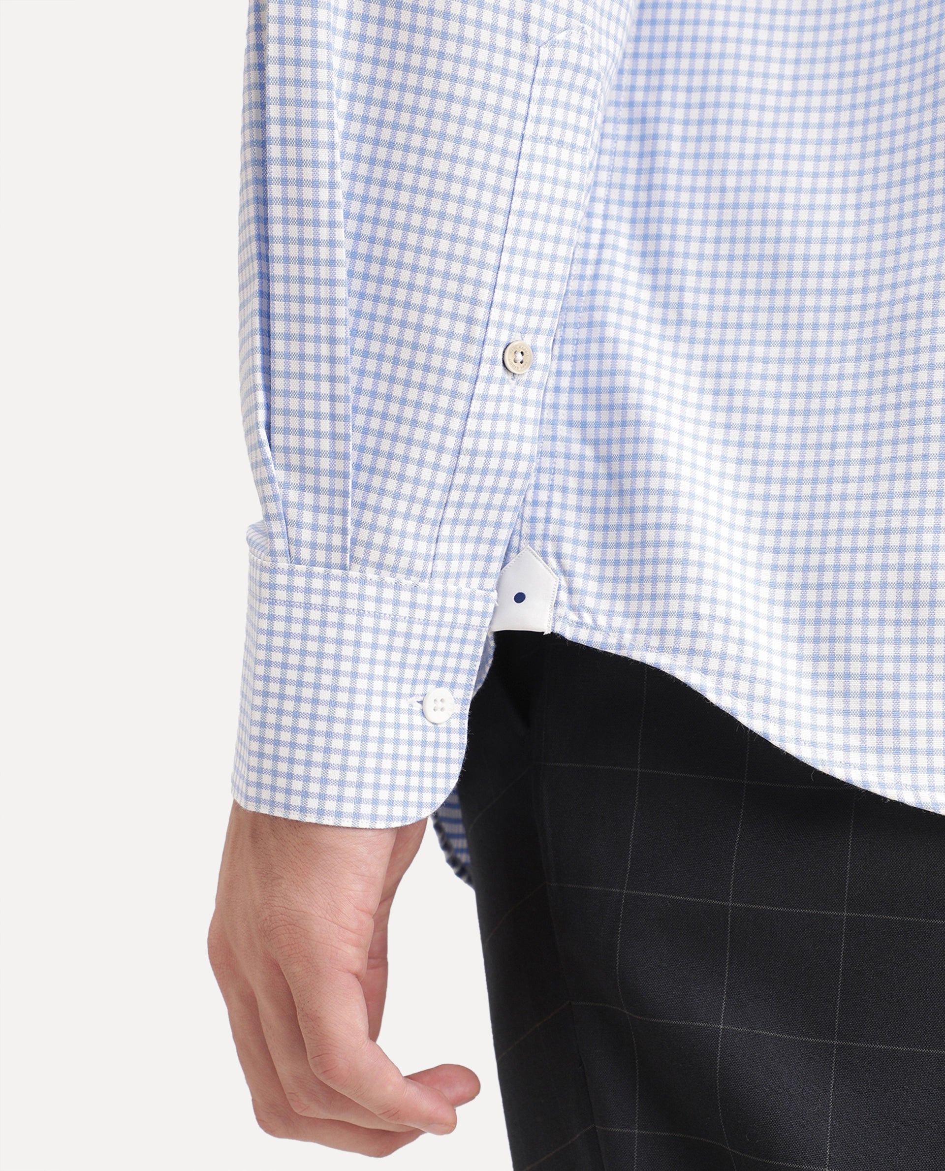 Rare Rabbit Men's Ulan Light Blue Polyester Blend Spread Collar Button Regular Checked Shirt