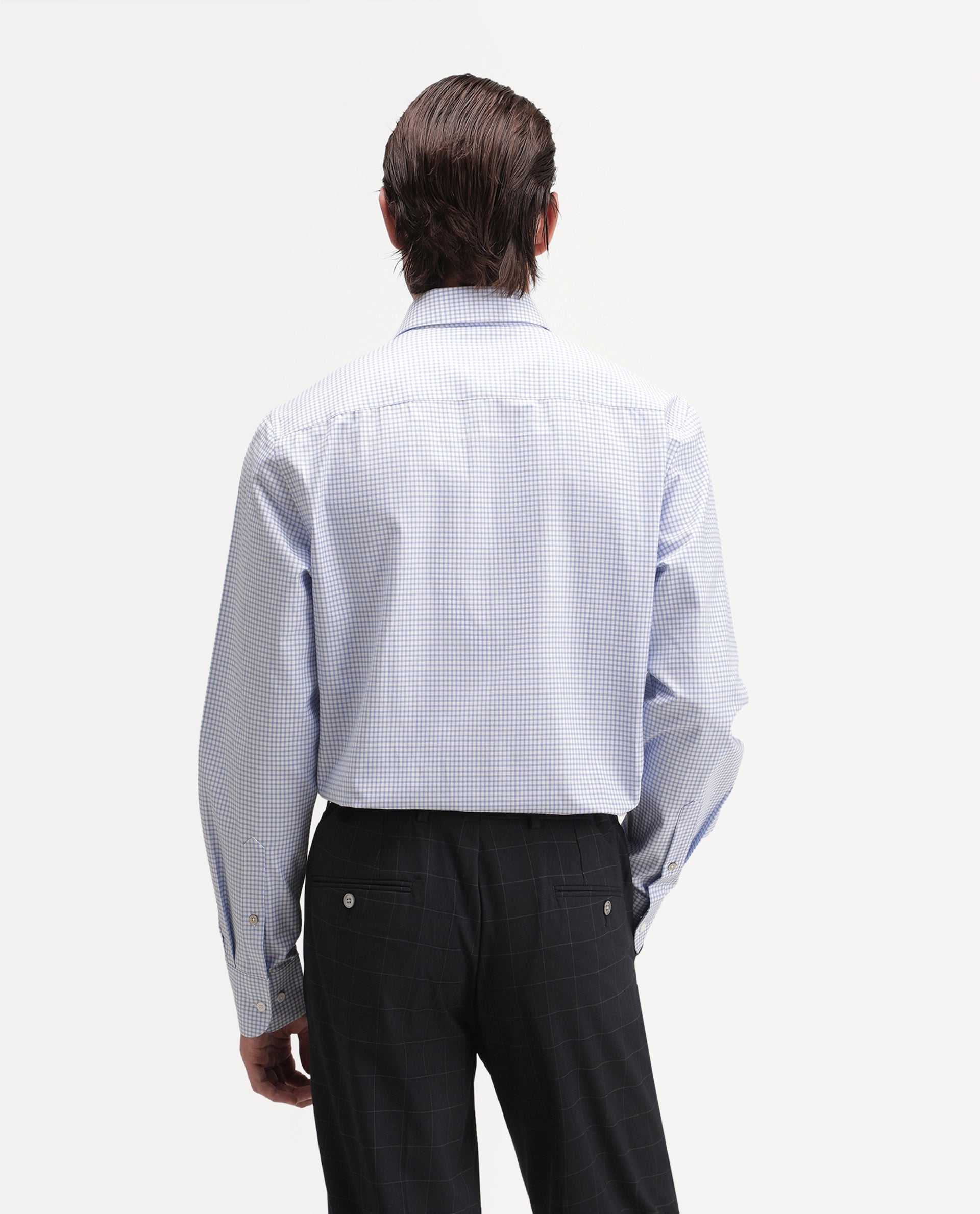 Rare Rabbit Men's Ulan Light Blue Polyester Blend Spread Collar Button Regular Checked Shirt