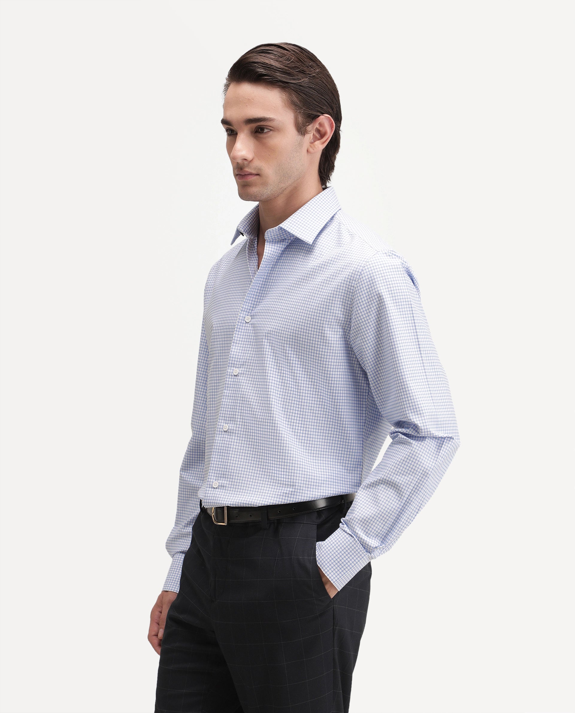 Rare Rabbit Men's Ulan Light Blue Polyester Blend Spread Collar Button Regular Checked Shirt