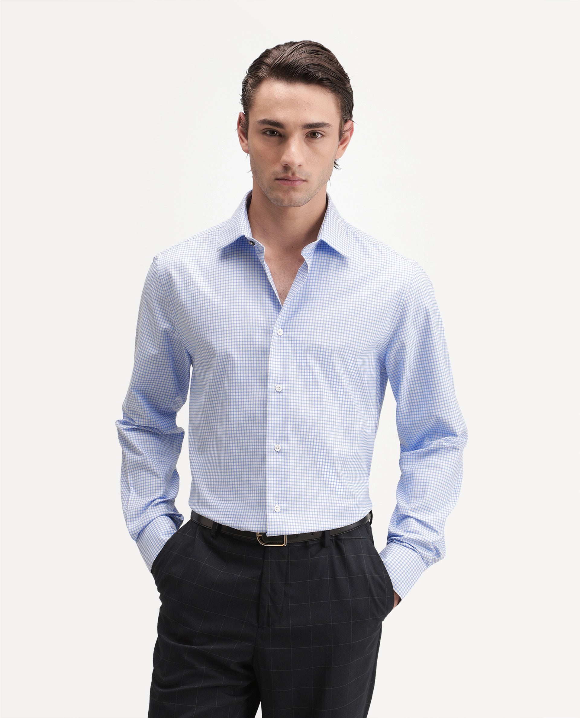 Rare Rabbit Men's Ulan Light Blue Polyester Blend Spread Collar Button Regular Checked Shirt