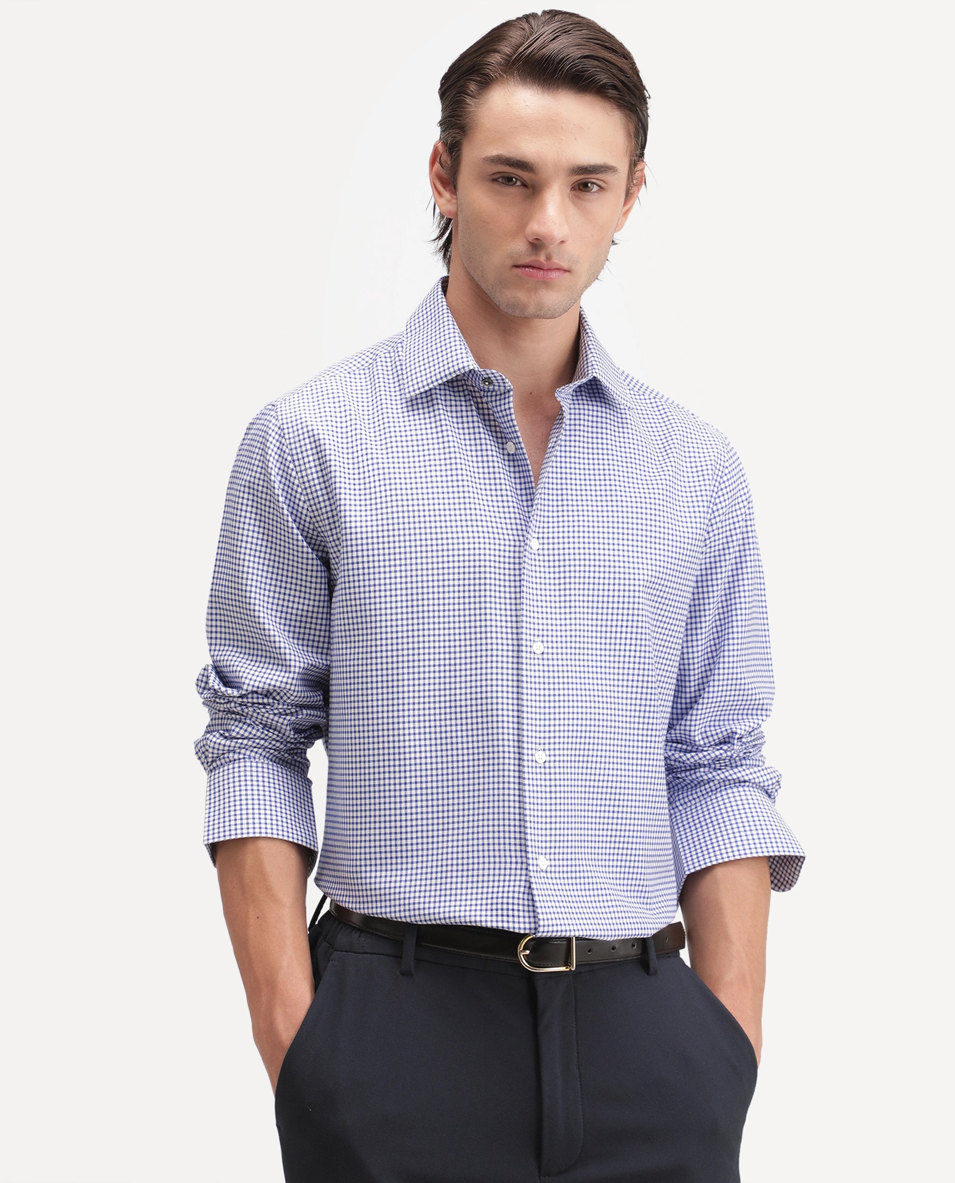 Rare Rabbit Men's Ulan Primary Navy Polyester Blend Spread Collar Button Regular Checked Shirt