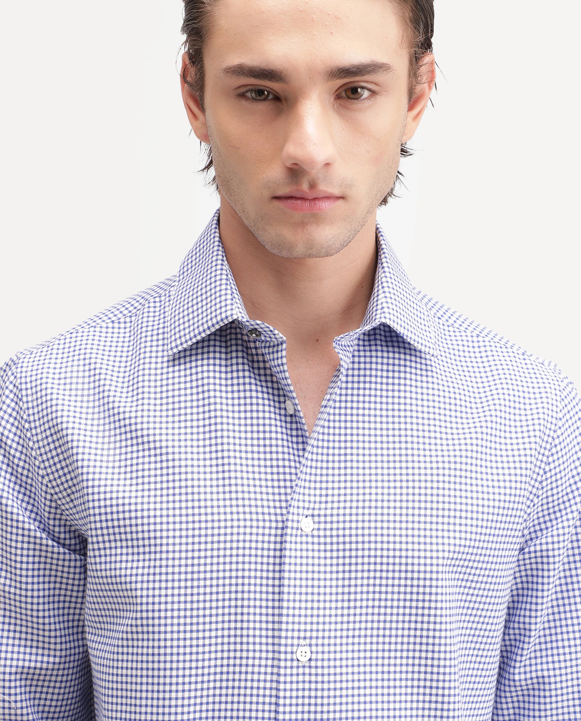 Rare Rabbit Men's Ulan Primary Navy Polyester Blend Spread Collar Button Regular Checked Shirt