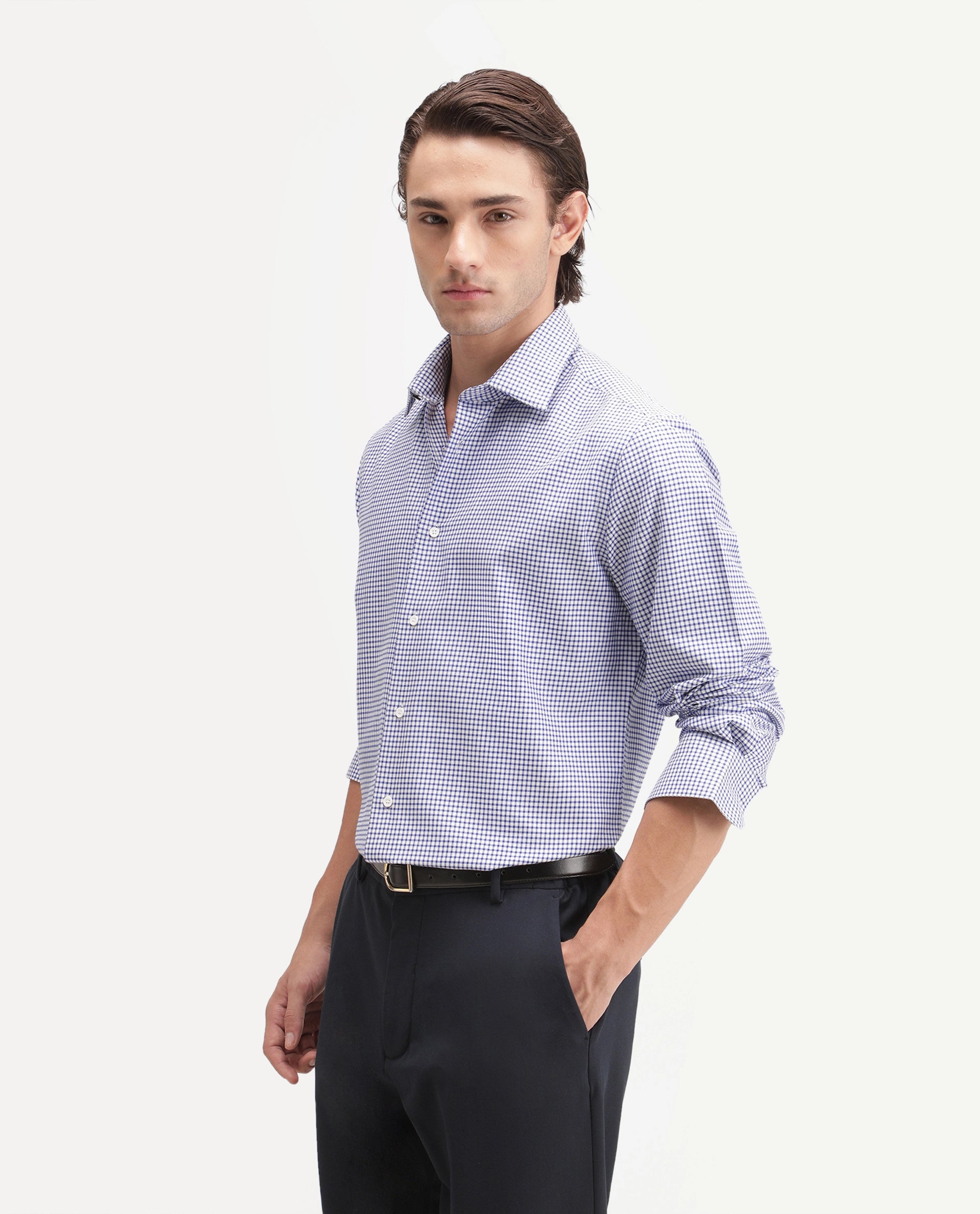 Rare Rabbit Men's Ulan Primary Navy Polyester Blend Spread Collar Button Regular Checked Shirt