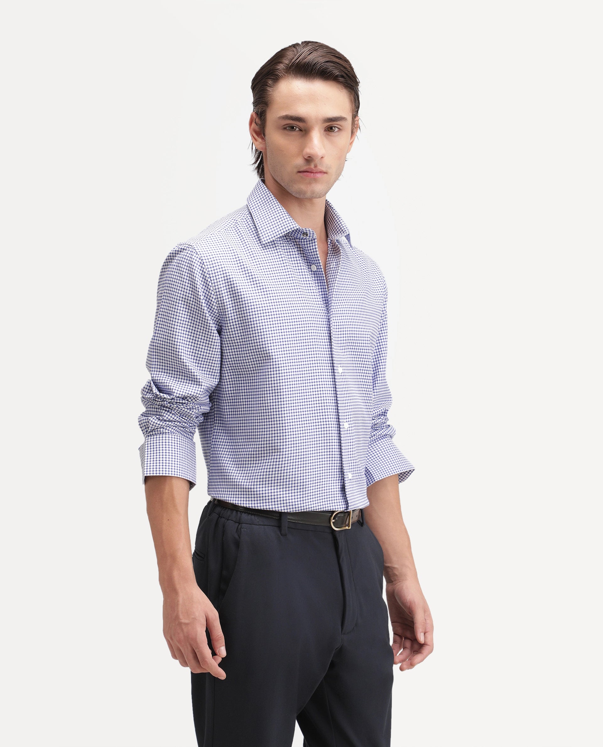 Rare Rabbit Men's Ulan Primary Navy Polyester Blend Spread Collar Button Regular Checked Shirt