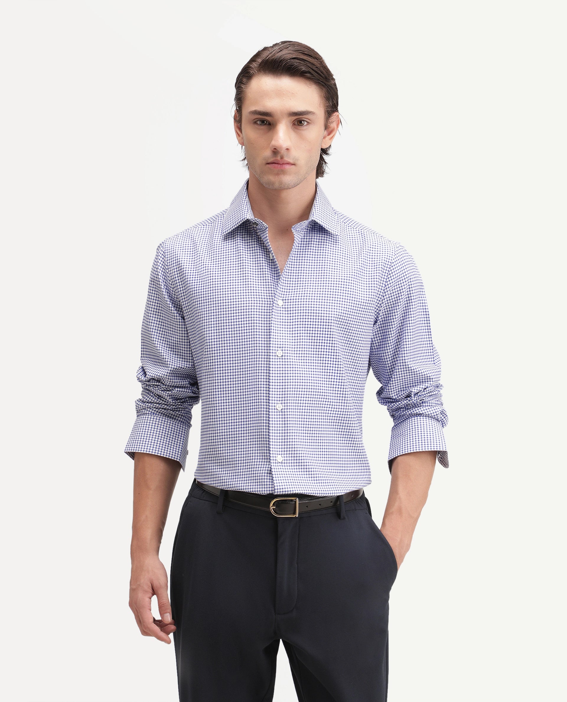 Rare Rabbit Men's Ulan Primary Navy Polyester Blend Spread Collar Button Regular Checked Shirt