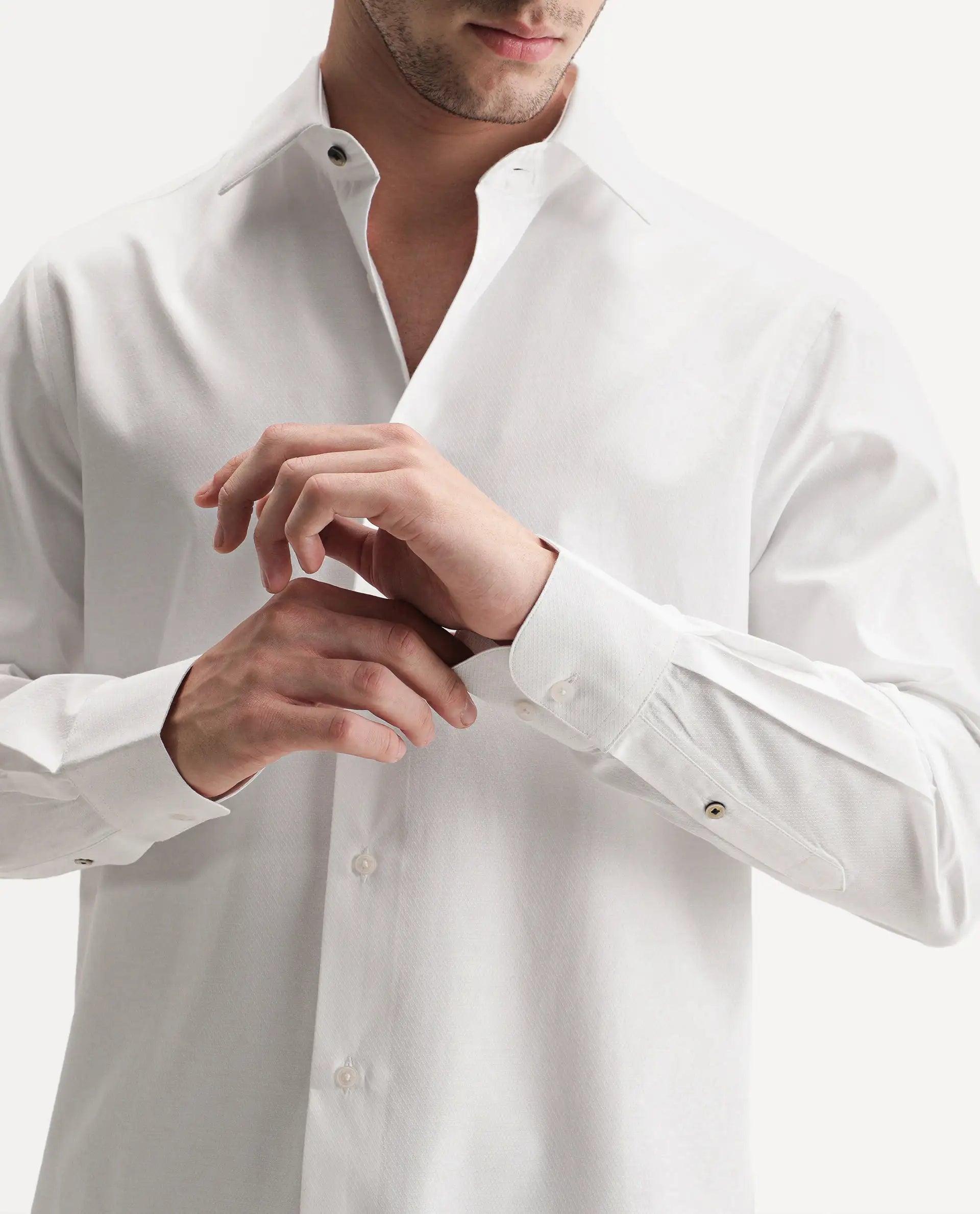 Rare Rabbit Men's Orvex Primary White Polyester Blend Spread Collar Button Regular Plain Shirt