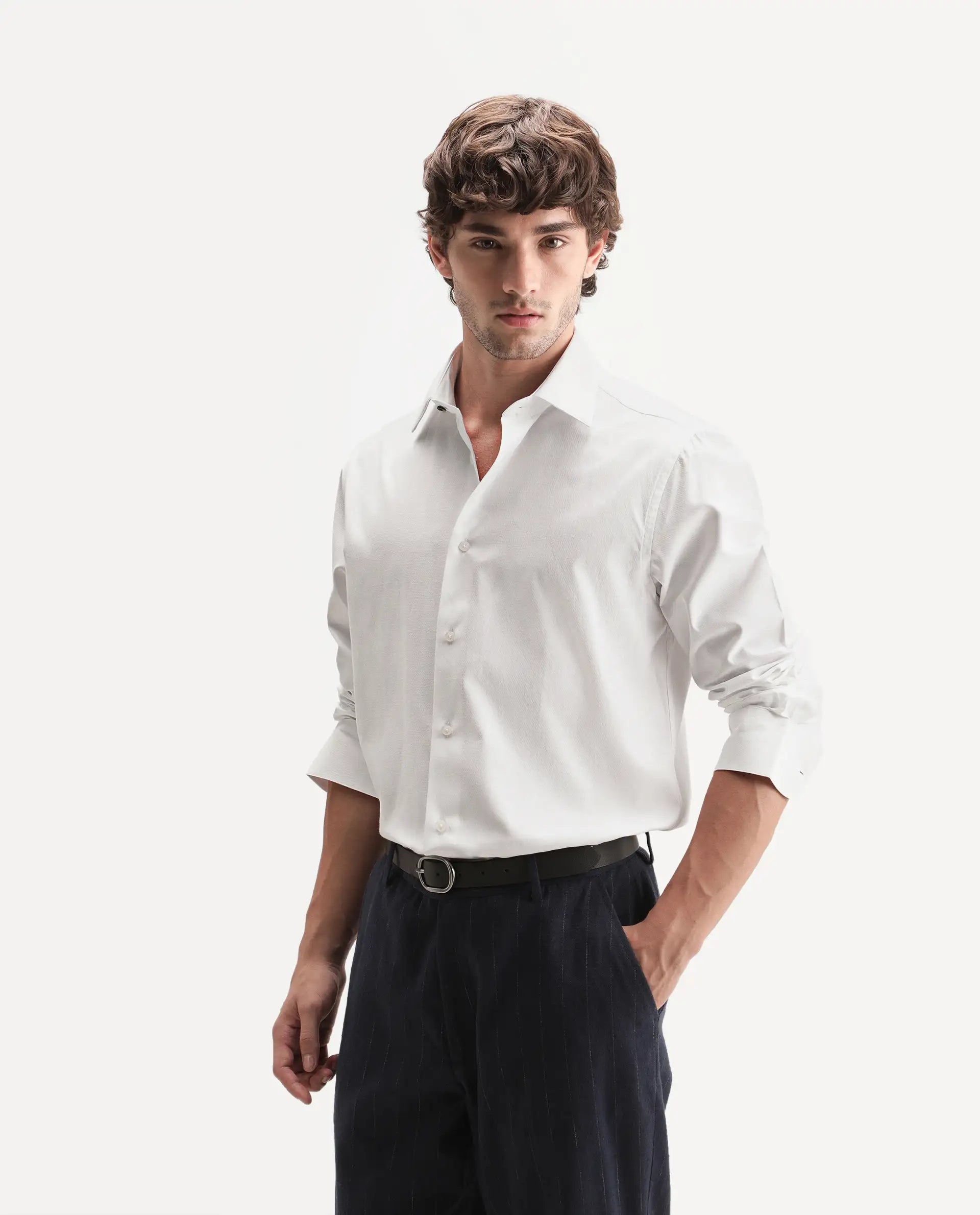 Rare Rabbit Men's Orvex Primary White Polyester Blend Spread Collar Button Regular Plain Shirt