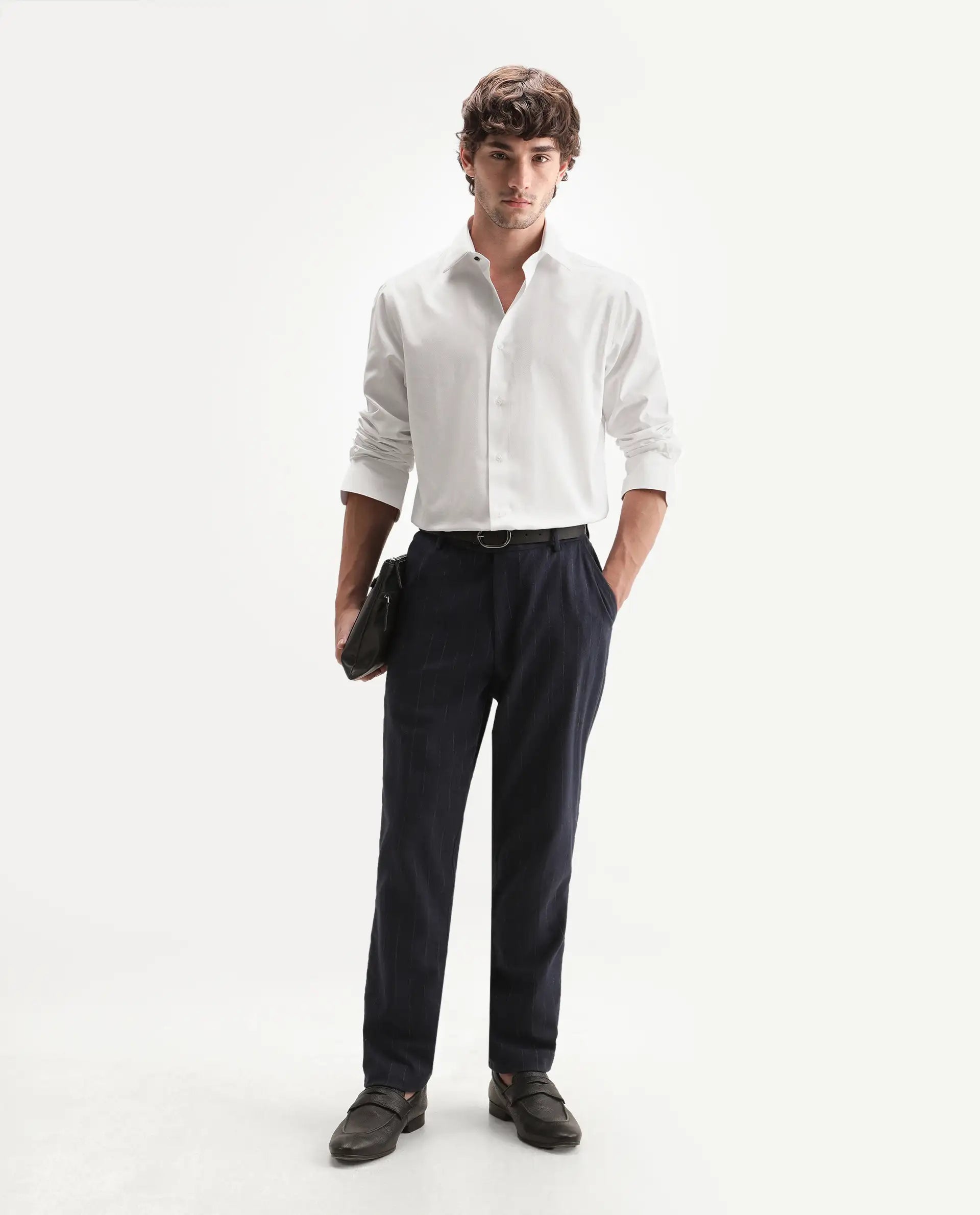 Rare Rabbit Men's Orvex Primary White Polyester Blend Spread Collar Button Regular Plain Shirt