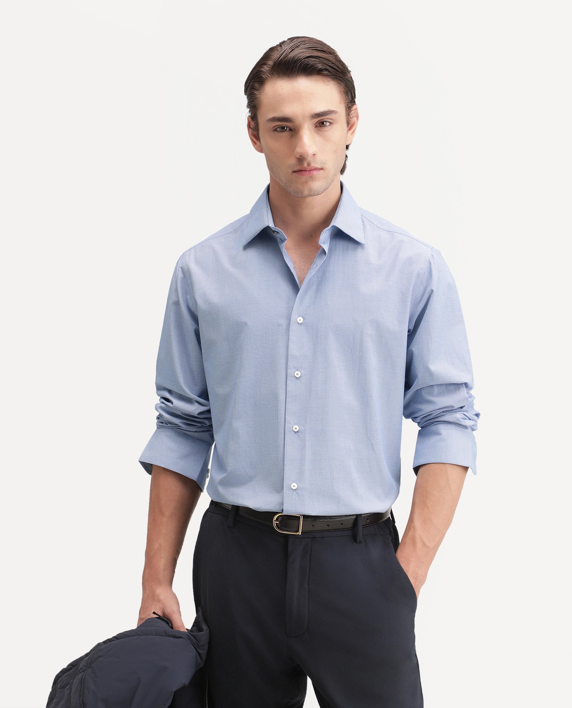 Rare Rabbit Men's Trvex Primary Navy Polyester Blend Spread Collar Button Regular Checked Shirt