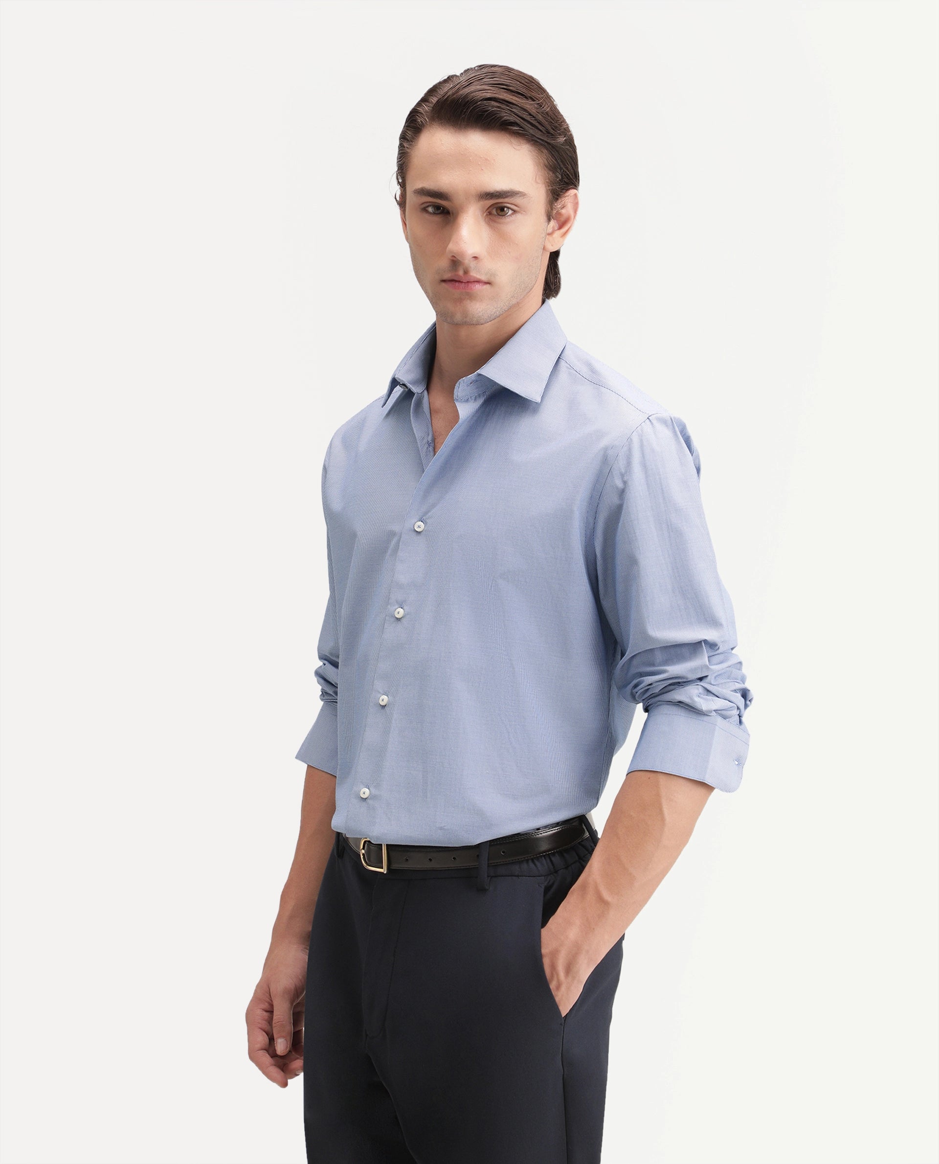 Rare Rabbit Men's Trvex Primary Navy Polyester Blend Spread Collar Button Regular Checked Shirt