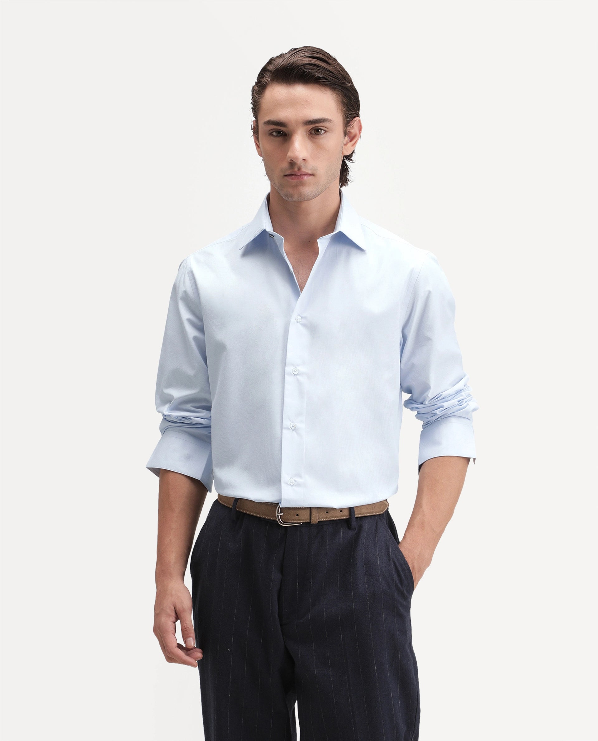 Rare Rabbit Men's Oxvar Light Blue Polyester Blend Spread Collar Button Regular Striped Shirt