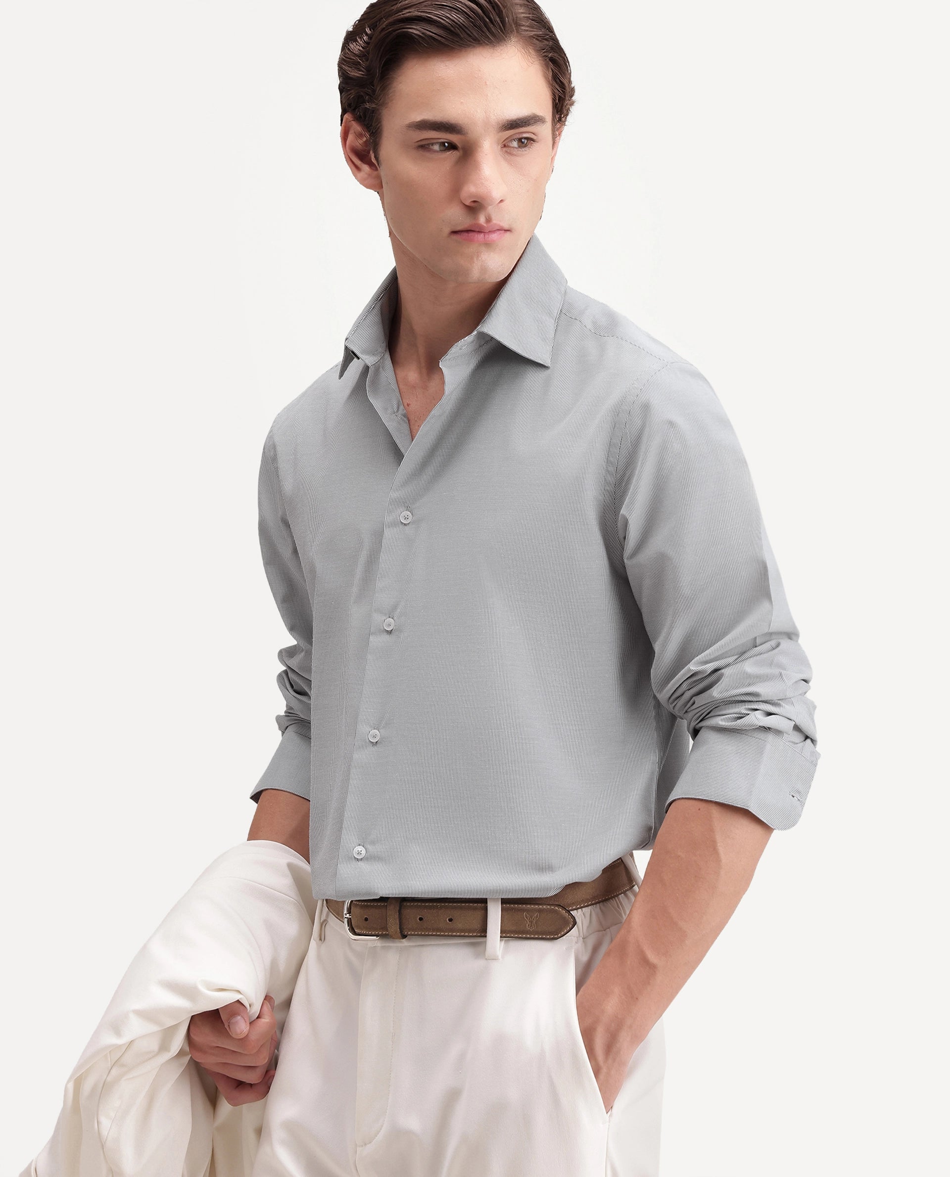 Rare Rabbit Men's Oxvar Primary Black Polyester Blend Spread Collar Button Regular Striped Shirt