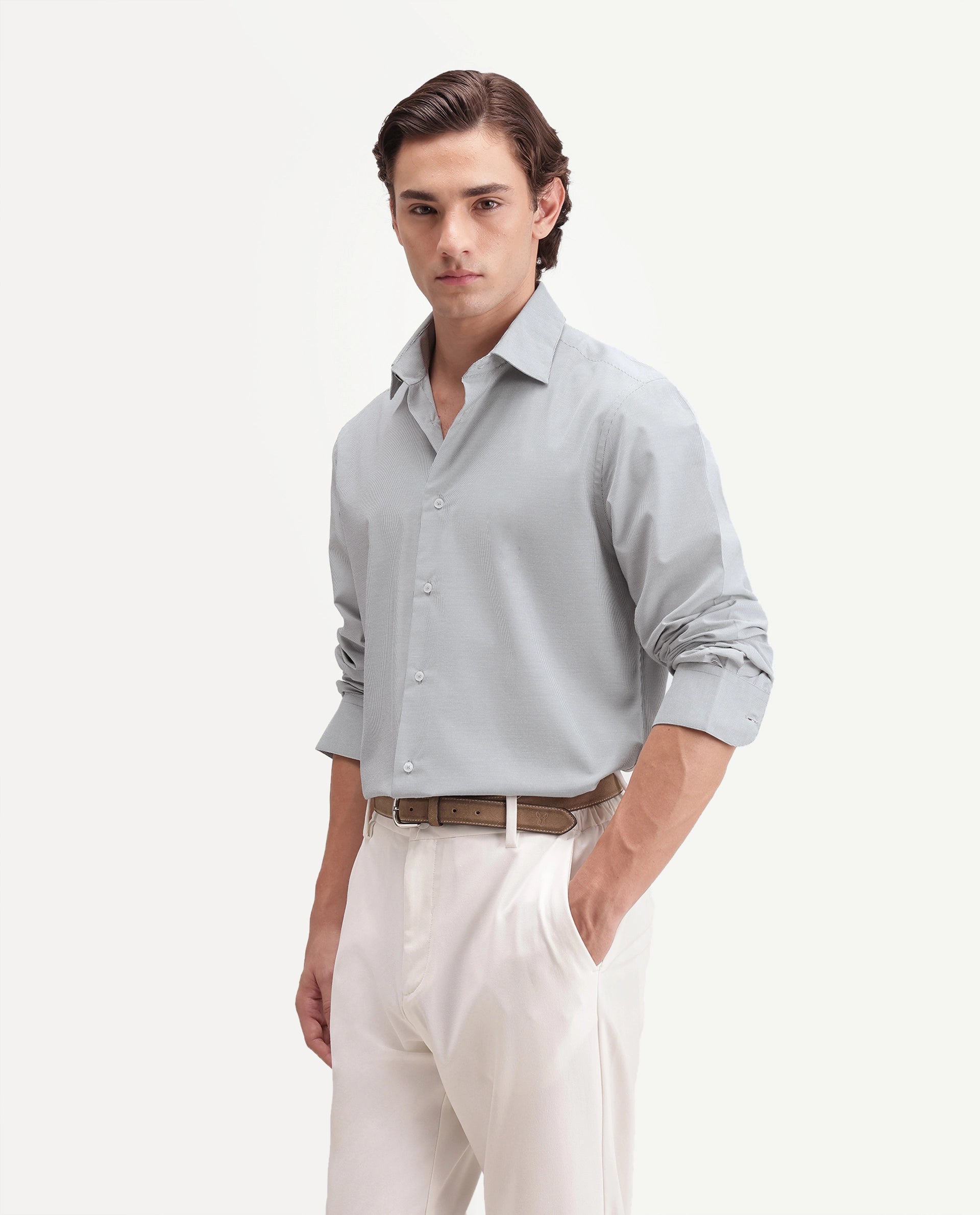 Rare Rabbit Men's Oxvar Primary Black Polyester Blend Spread Collar Button Regular Striped Shirt