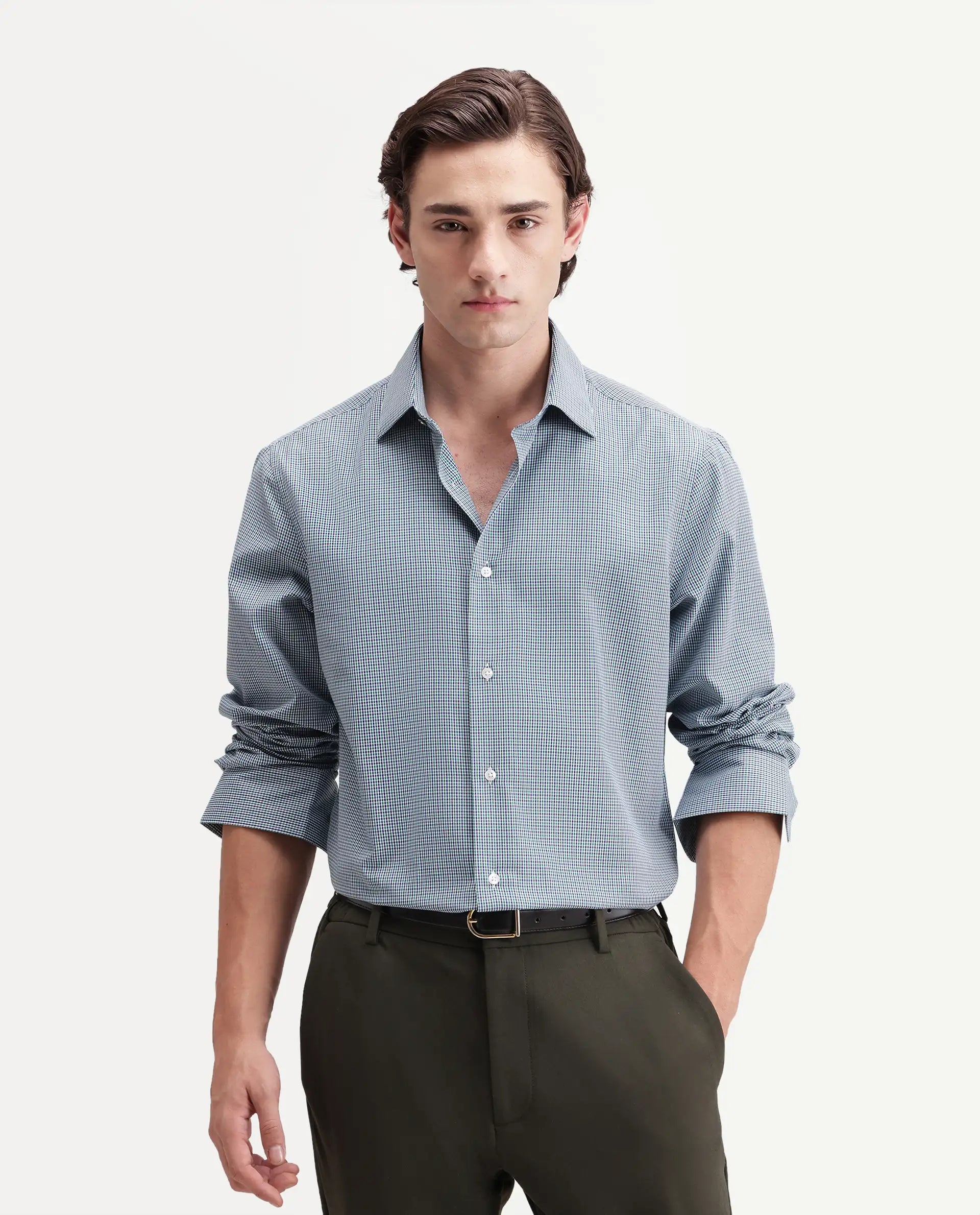 Rare Rabbit Men's Acvor Primary Green Polyester Blend Spread Collar Button Regular Checked Shirt