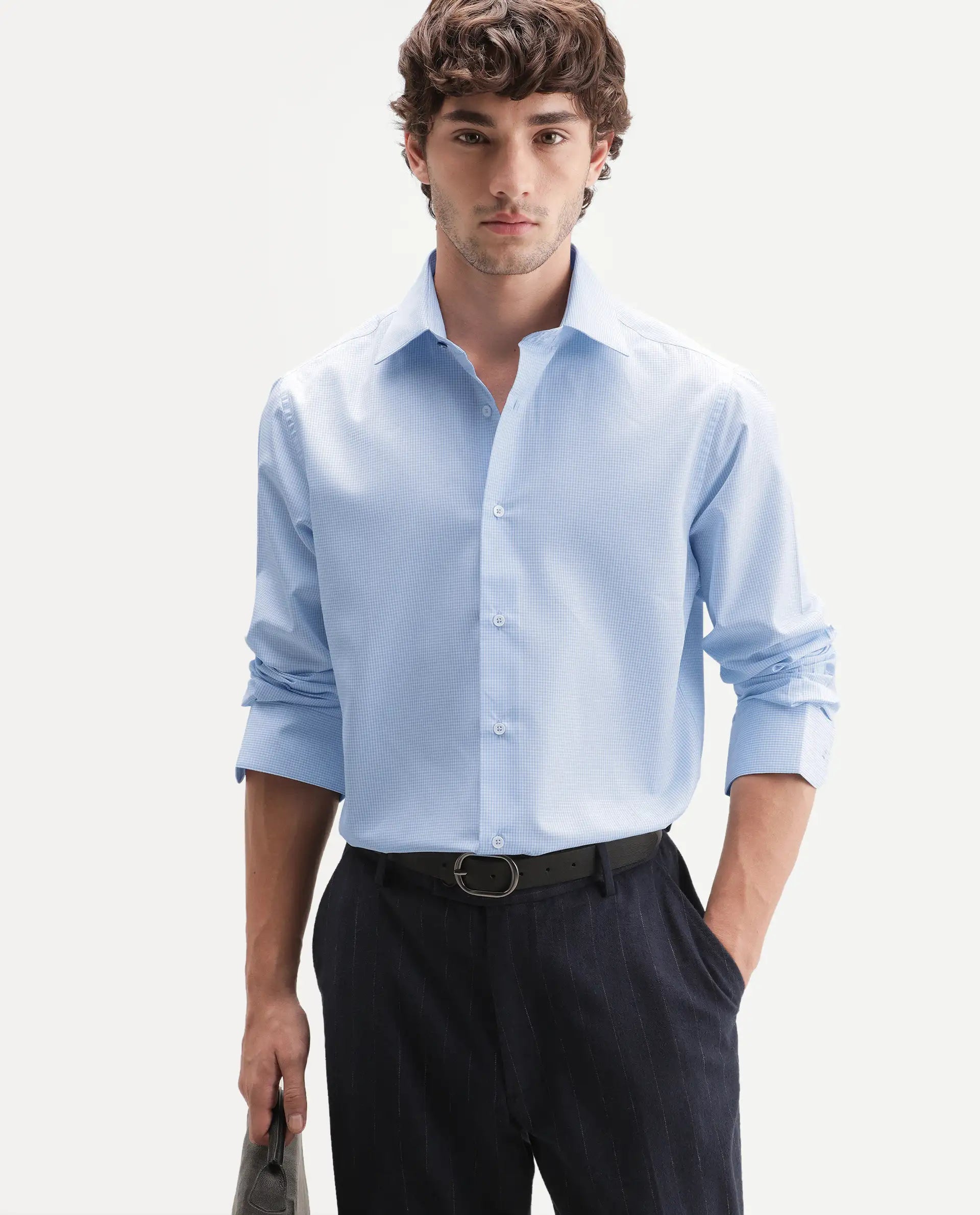 Rare Rabbit Men's Alyon Light Blue Polyester Blend Spread Collar Button Regular Checked Shirt