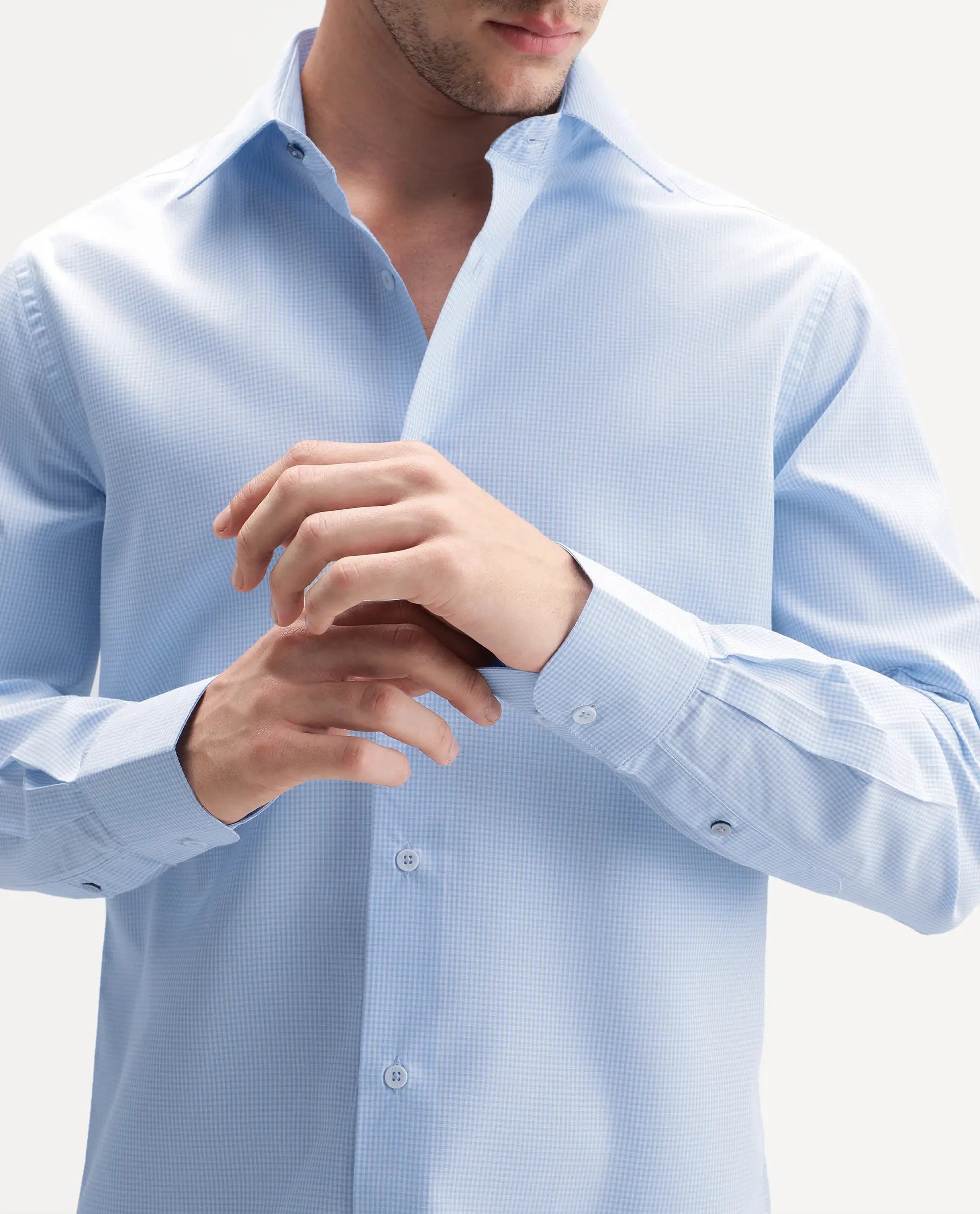 Rare Rabbit Men's Alyon Light Blue Polyester Blend Spread Collar Button Regular Checked Shirt