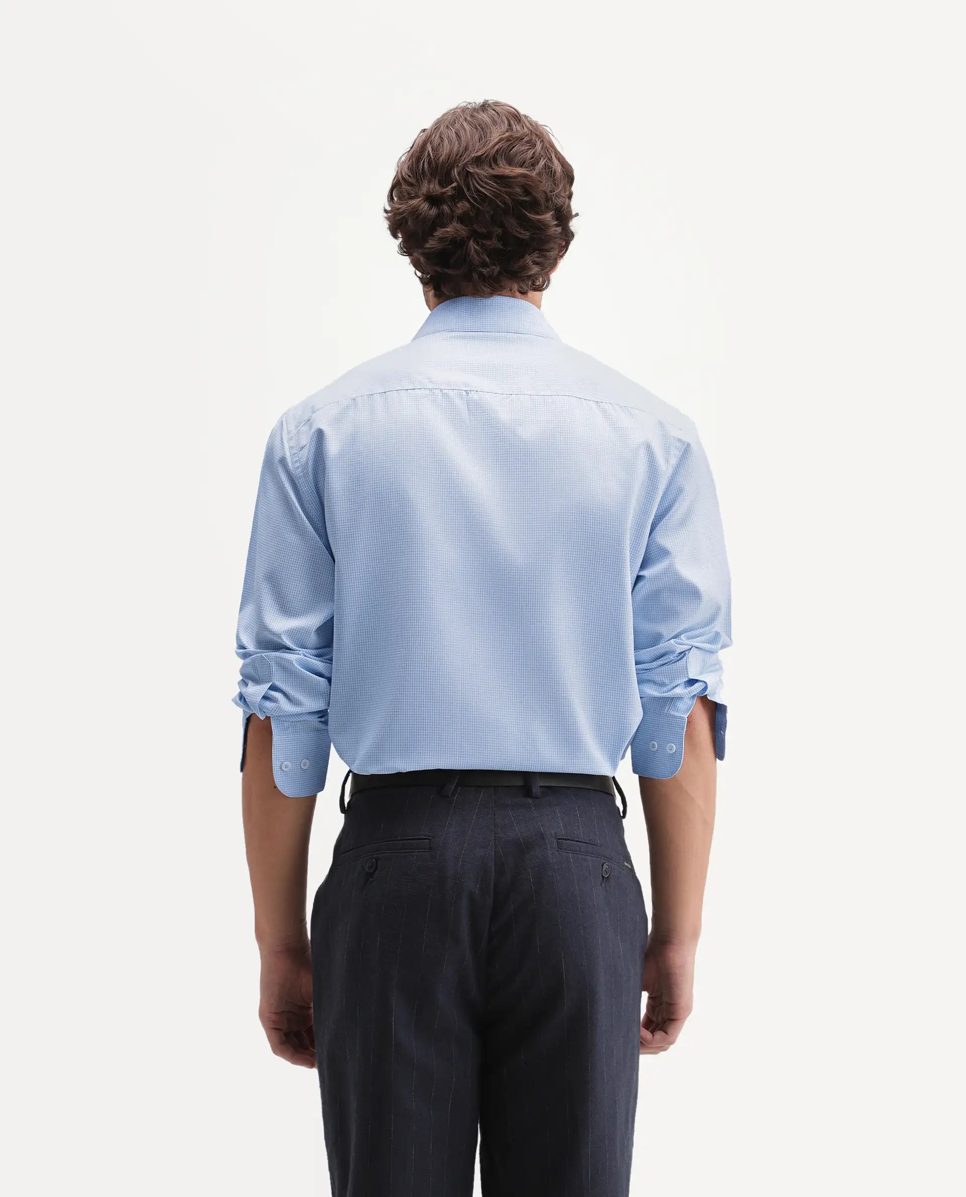 Rare Rabbit Men's Alyon Light Blue Polyester Blend Spread Collar Button Regular Checked Shirt
