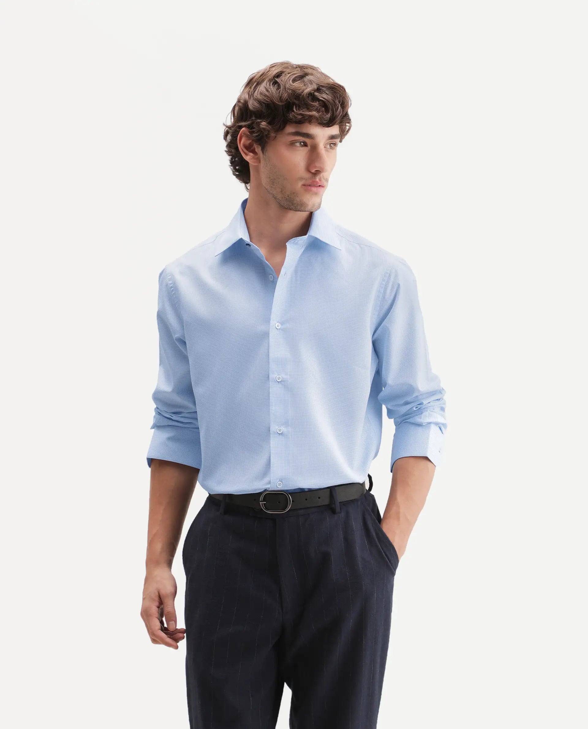 Rare Rabbit Men's Alyon Light Blue Polyester Blend Spread Collar Button Regular Checked Shirt