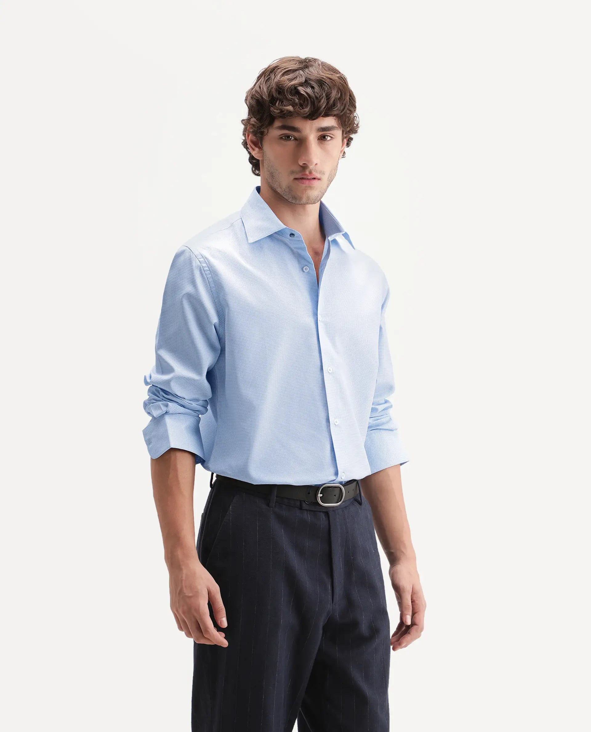 Rare Rabbit Men's Alyon Light Blue Polyester Blend Spread Collar Button Regular Checked Shirt