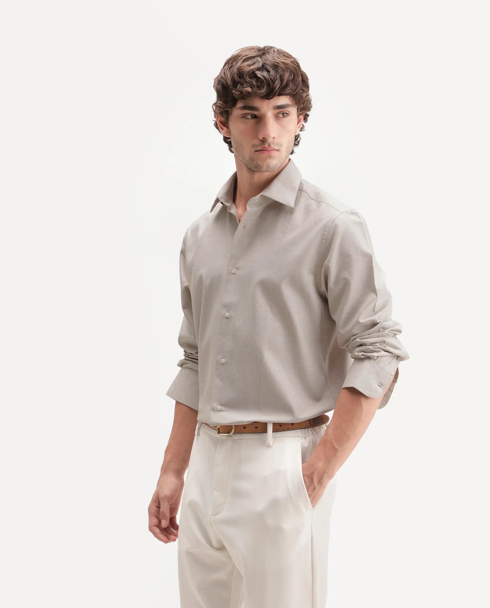 Rare Rabbit Men's Arlen Primary Beige Polyester Blend Spread Collar Button Regular Checked Shirt