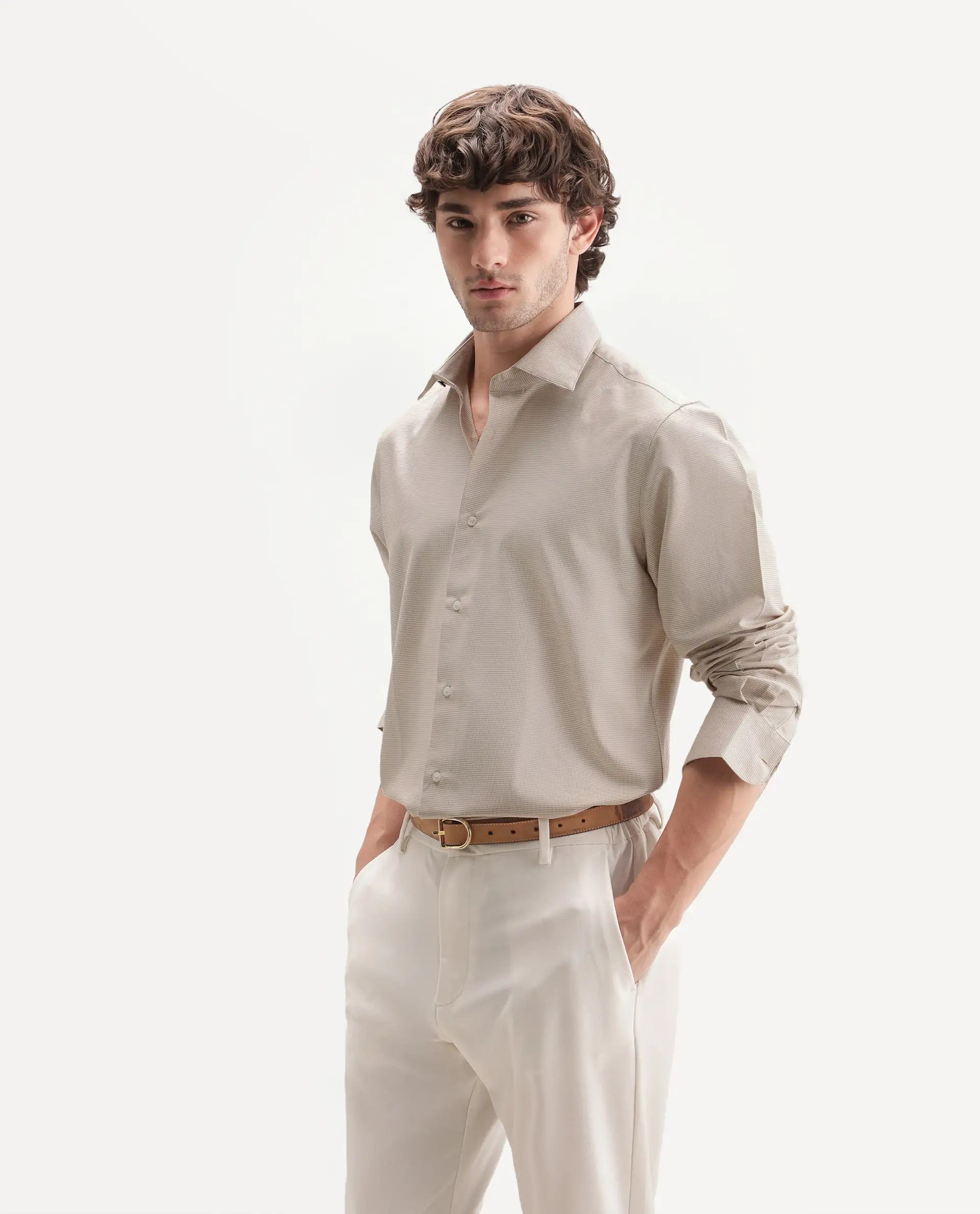 Rare Rabbit Men's Arlen Light Beige Polyester Blend Spread Collar Button Regular Checked Shirt
