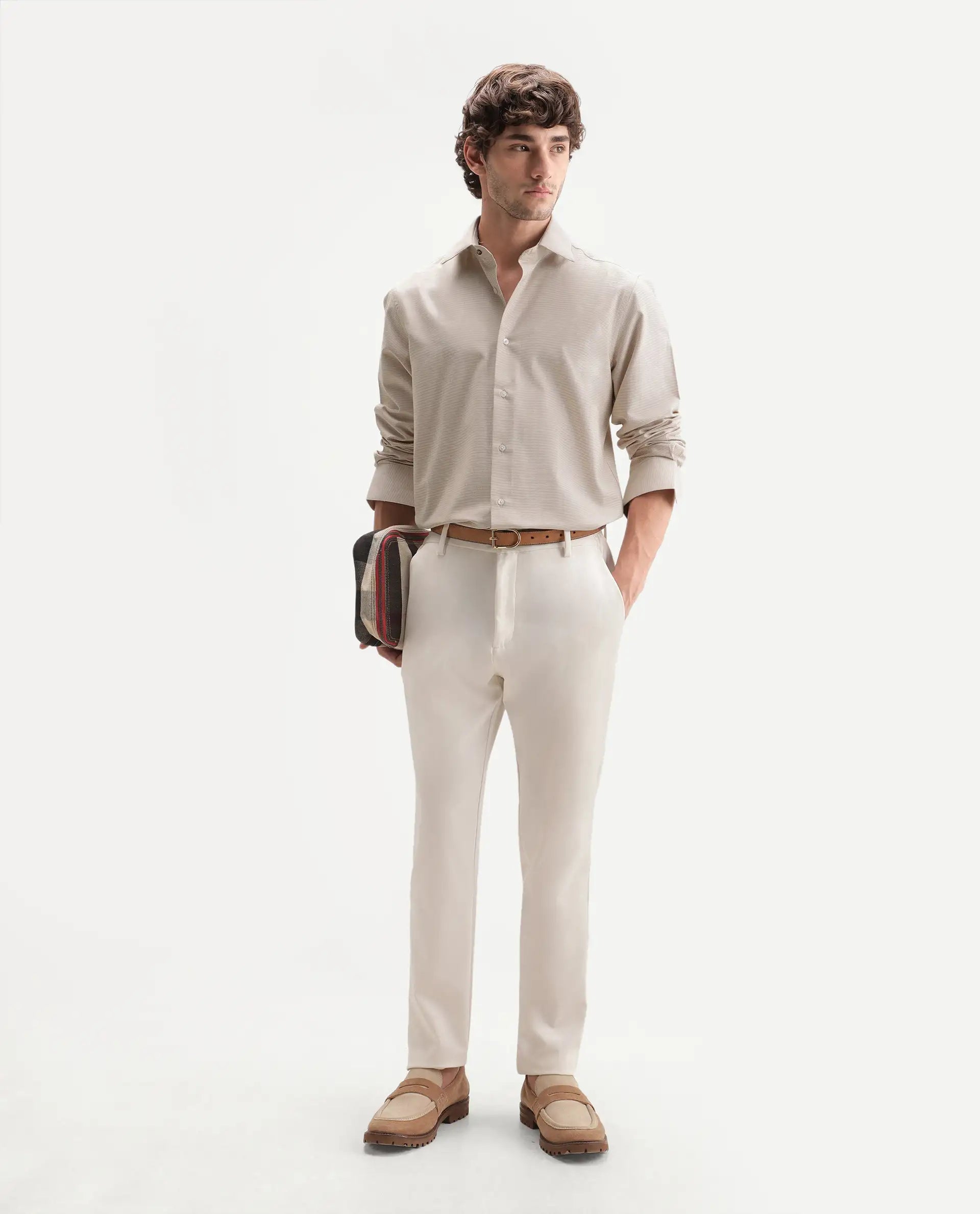 Rare Rabbit Men's Arlen Light Beige Polyester Blend Spread Collar Button Regular Checked Shirt
