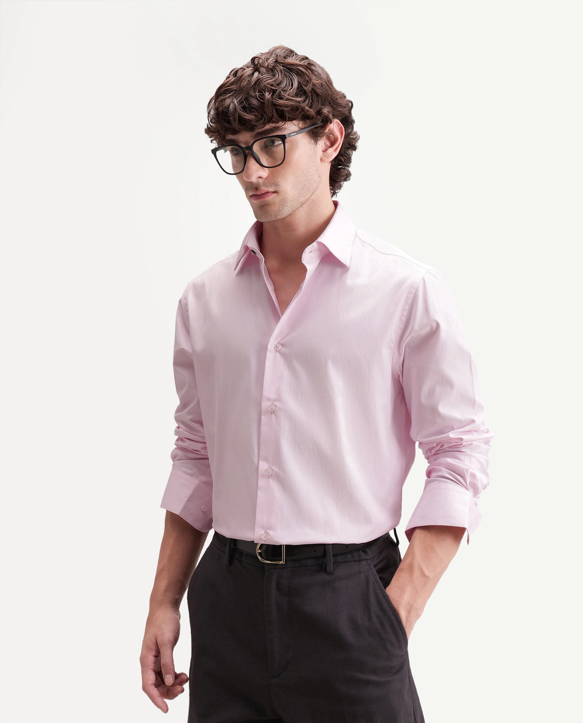 Rare Rabbit Men's Edr Light Pink Polyester Blend Spread Collar Button Regular Plain Shirt
