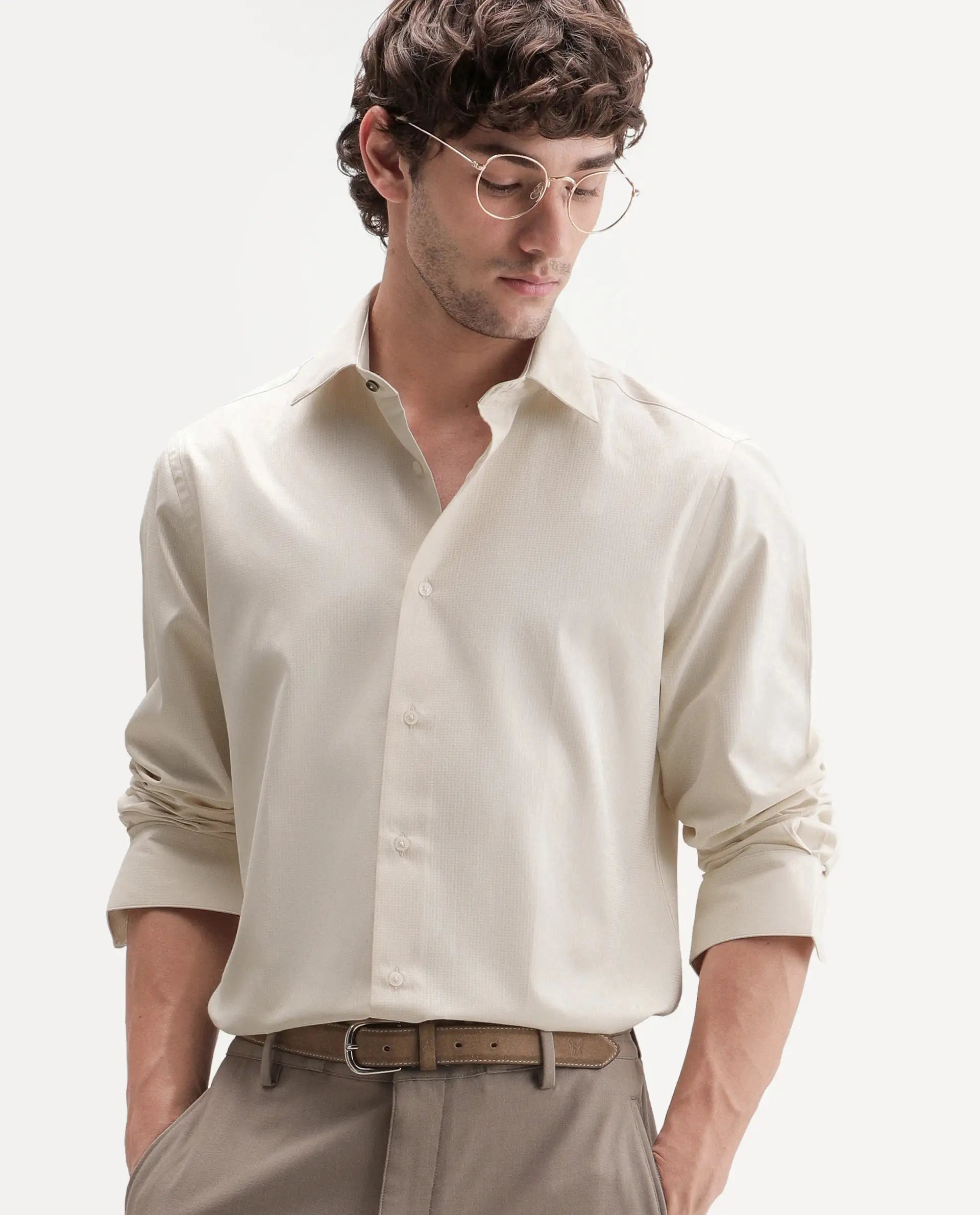 Rare Rabbit Men's Axyon Light Beige Polyester Blend Spread Collar Button Regular Checked Shirt