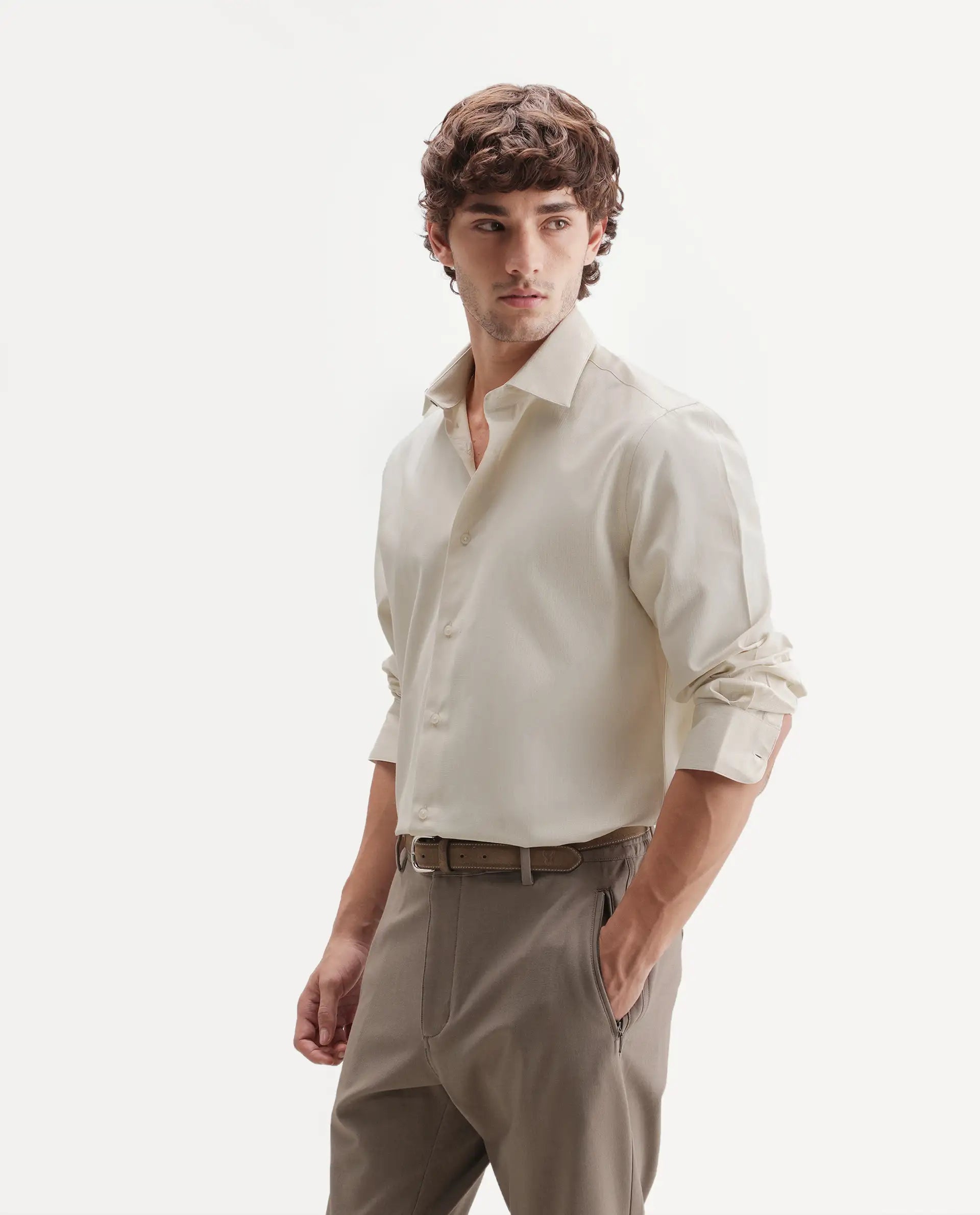 Rare Rabbit Men's Axyon Light Beige Polyester Blend Spread Collar Button Regular Checked Shirt