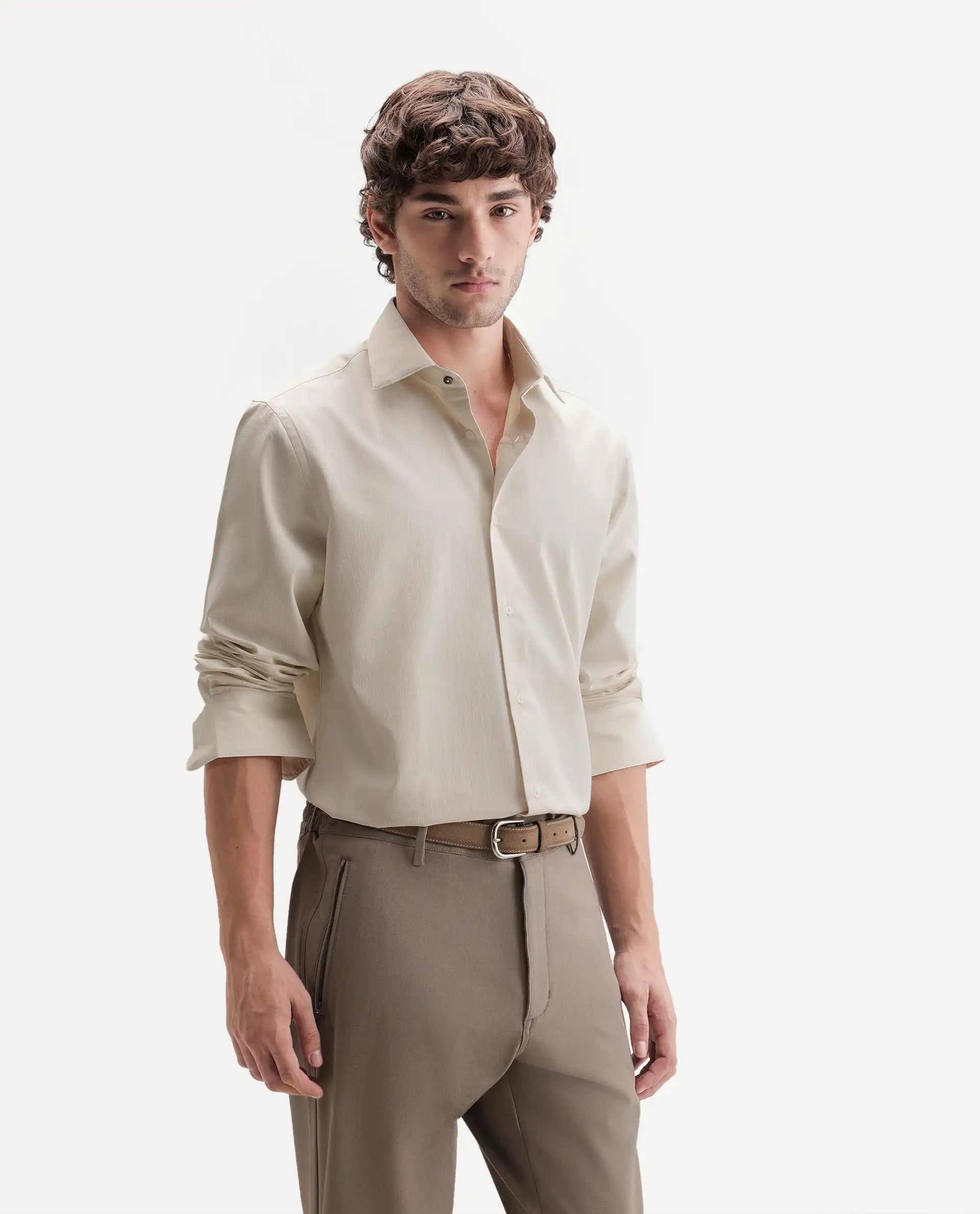 Rare Rabbit Men's Axyon Light Beige Polyester Blend Spread Collar Button Regular Checked Shirt